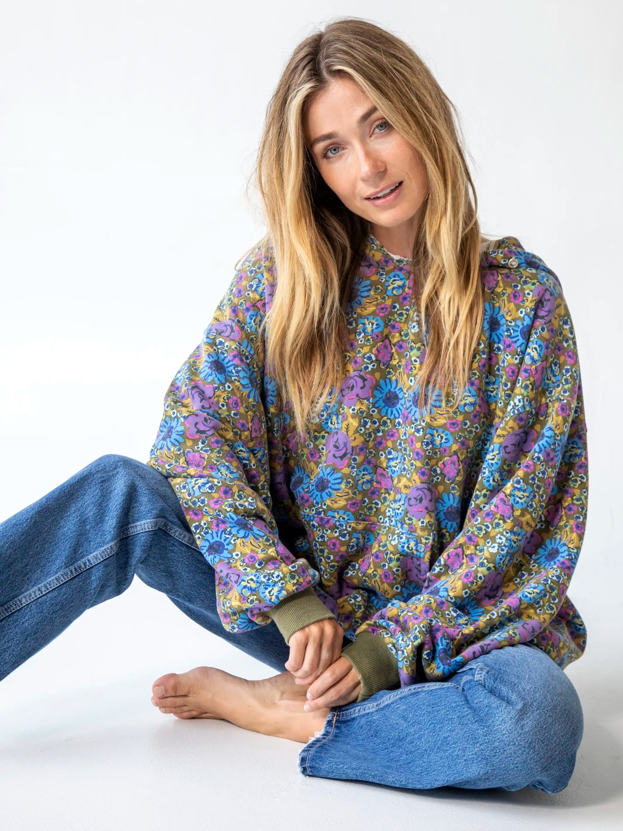 Oversized Printed Hoodie - Blue Purple Daisy