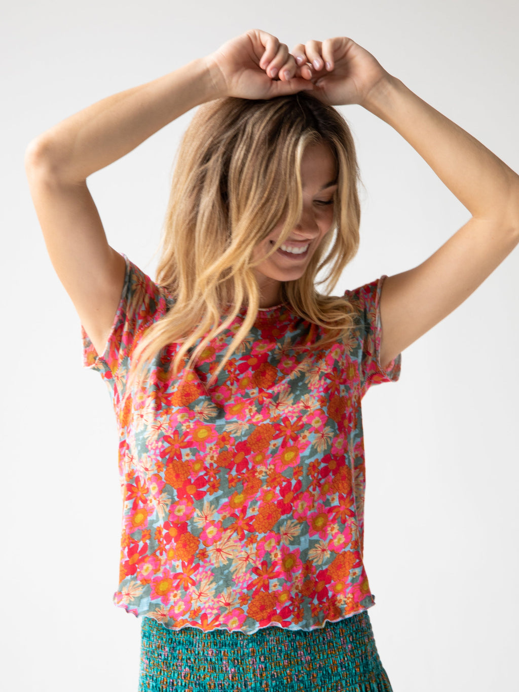 Lily Cotton Short Sleeve Tee Shirt - Pink Red Floral