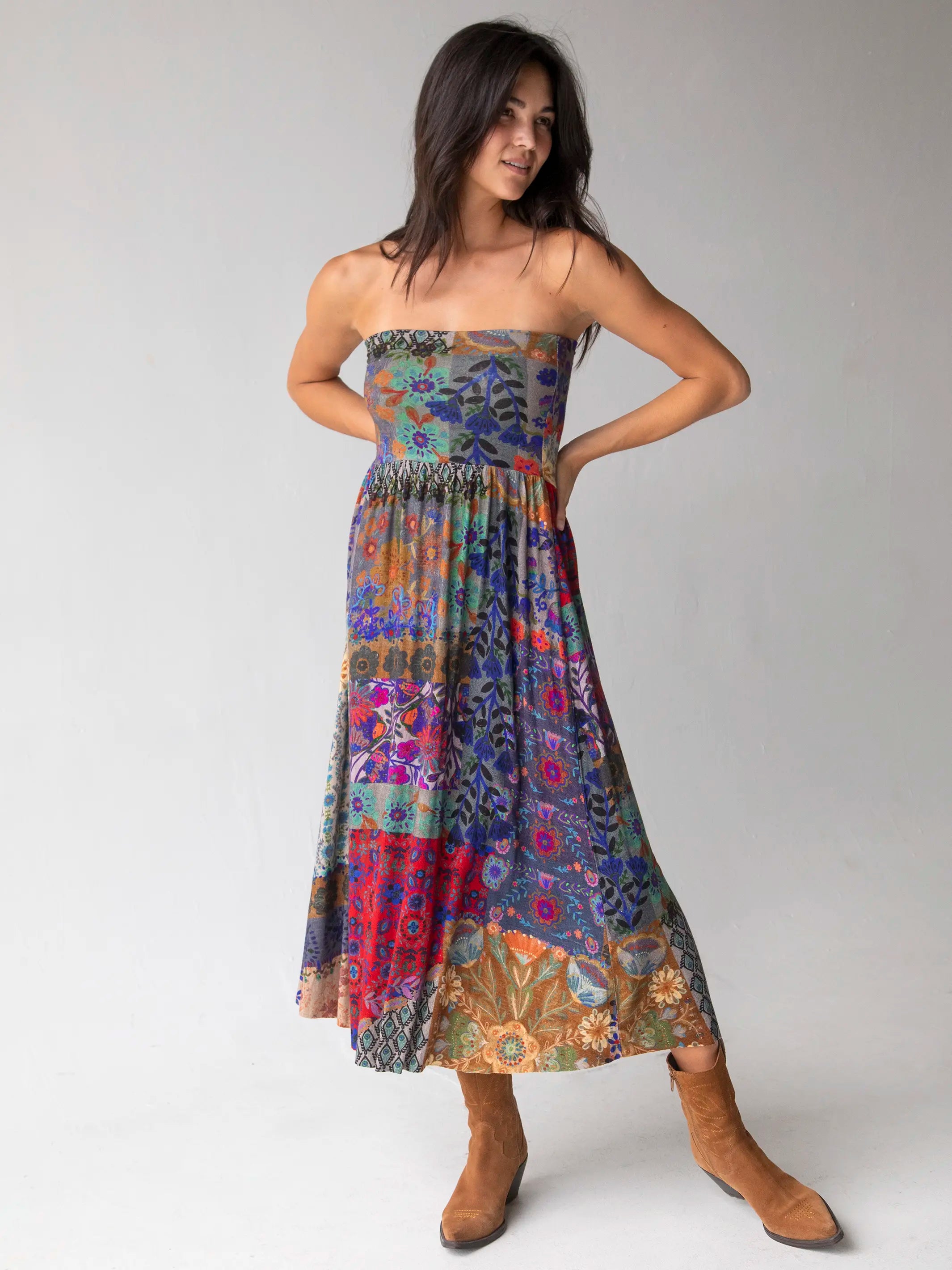 Live-In-It Knit "ButterSoft" Maxi Skirt - Blue Patchwork