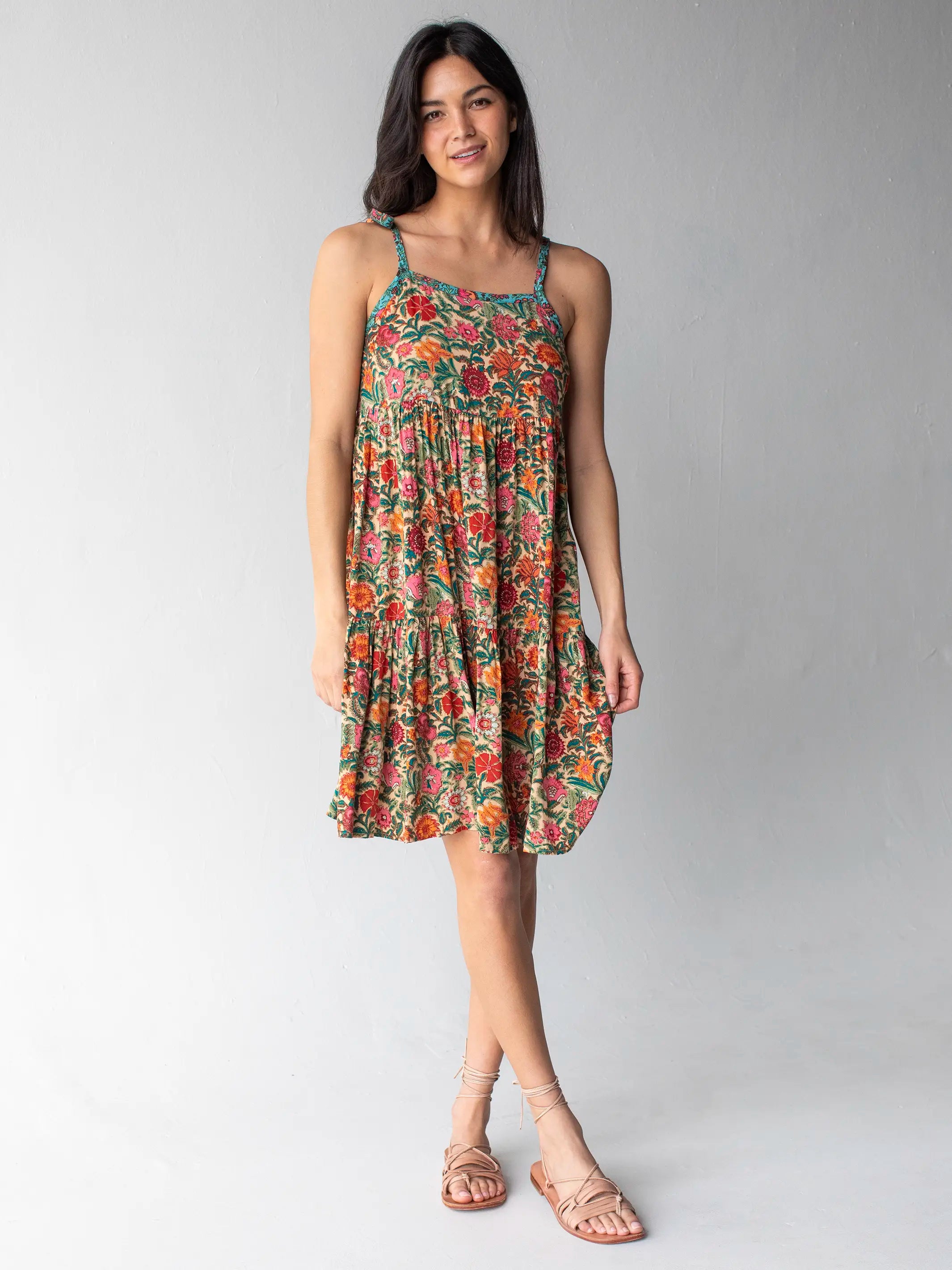 Maddie Mini Dress - Tan Pink Floral