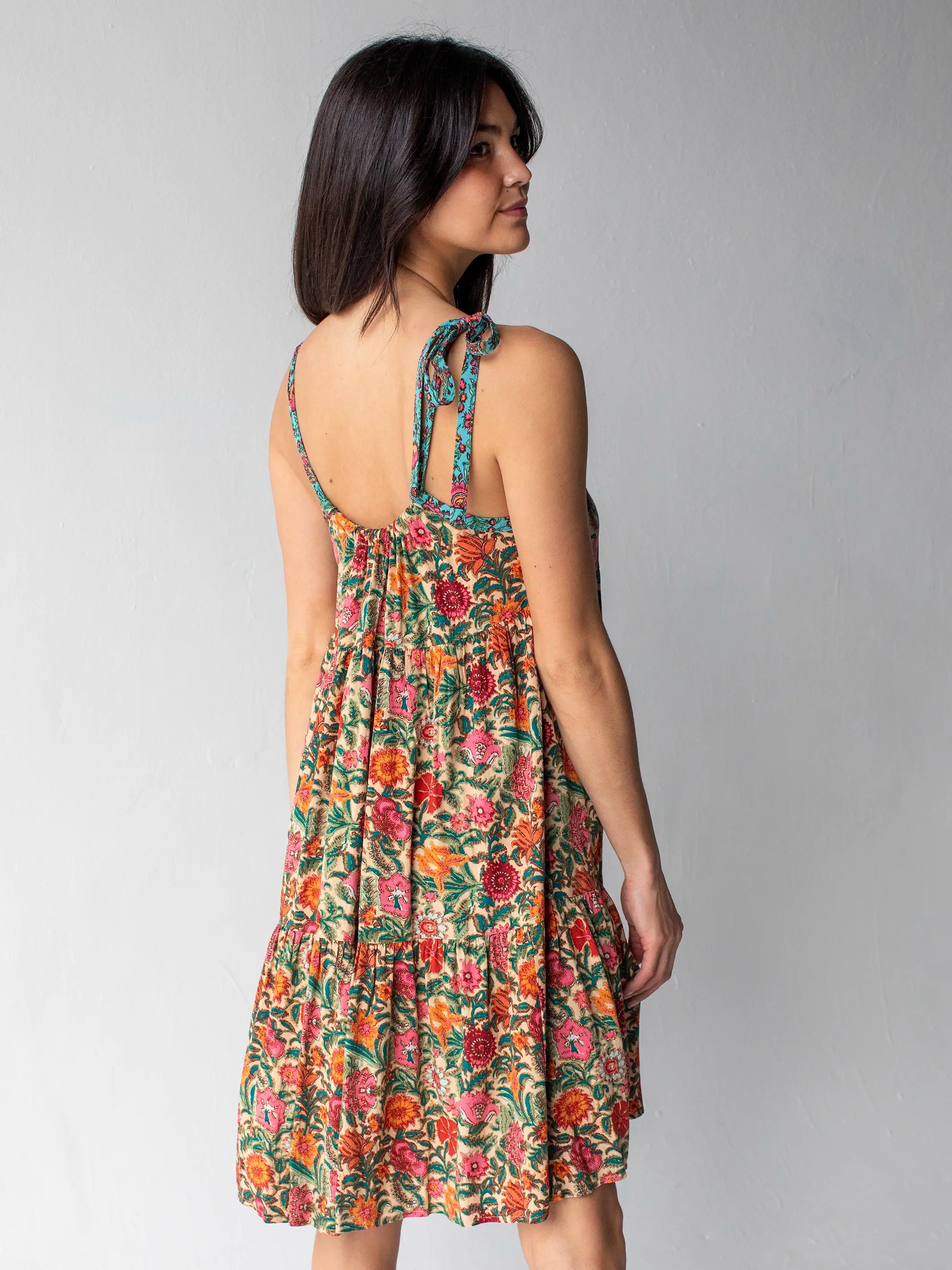 Maddie Mini Dress - Tan Pink Floral