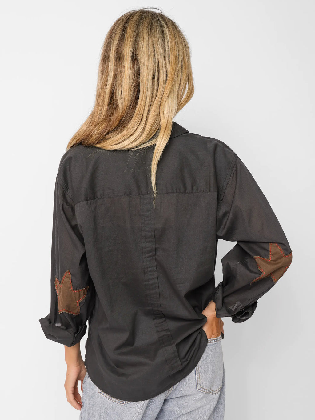 Lived In Applique Cotton Button Down - Charcoal