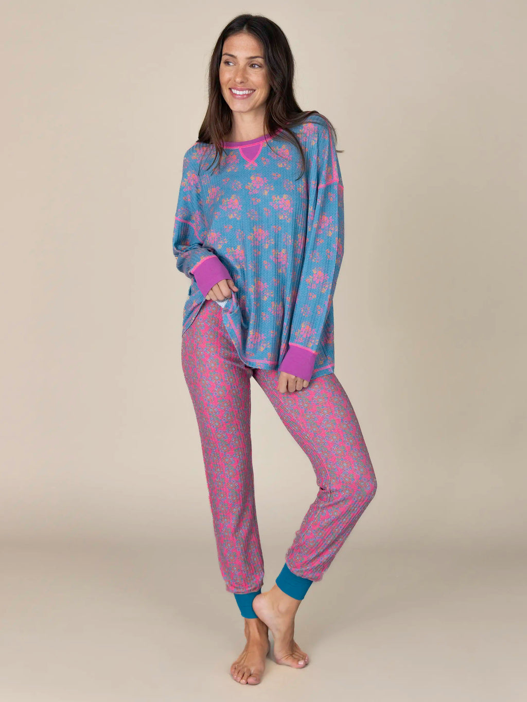 Mix & Match Waffle Pajama Top - Turquoise Floral Bouquets