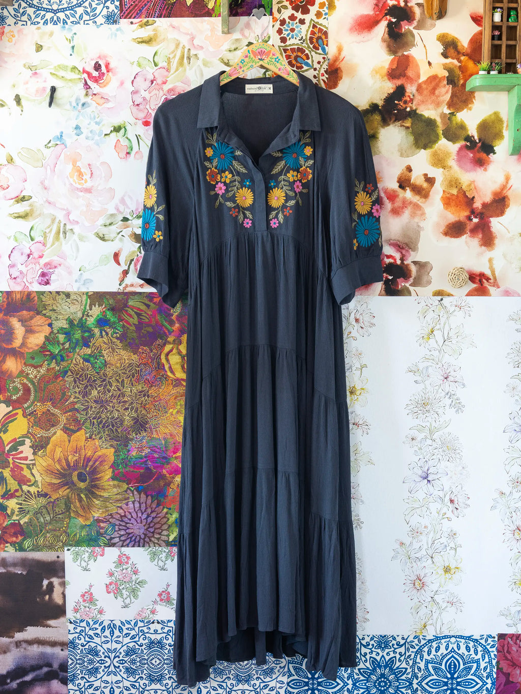 Rebecca Embroidered Midi Dress - Charcoal