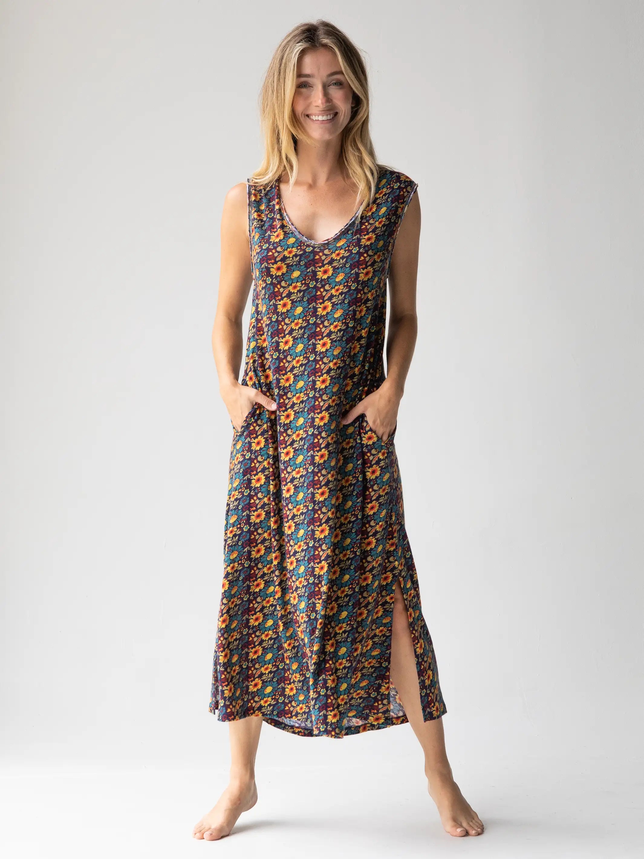 Hangout Cotton Midi Dress - Olive Navy Floral