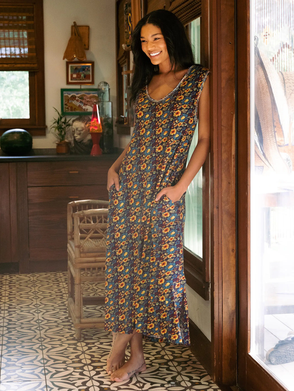 Hangout Cotton Midi Dress - Olive Navy Floral