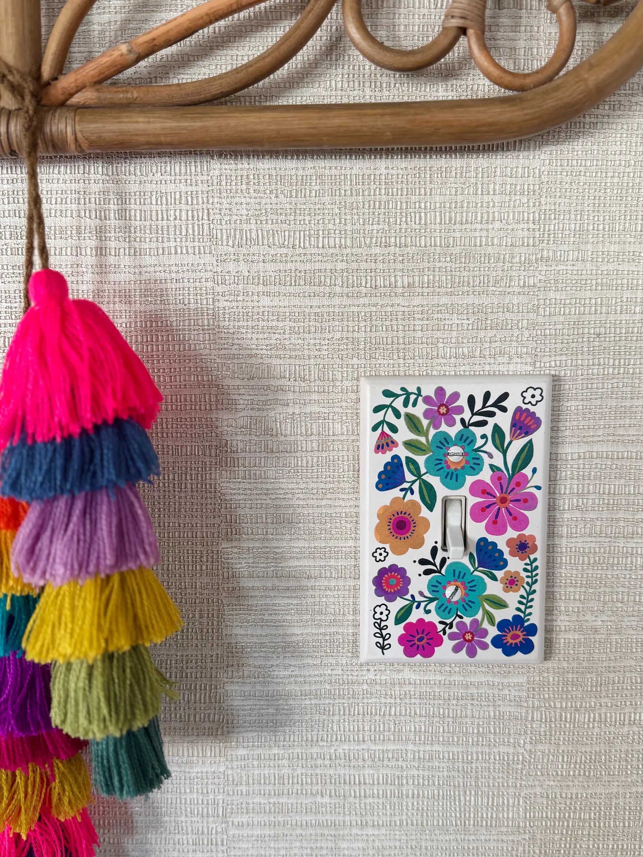 Painted Wooden Switch Cover - Cream Folk Flower Toggle