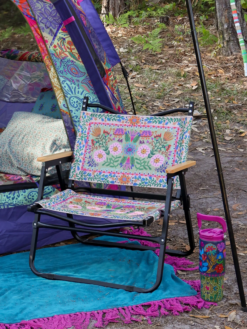 Portable Outdoor Folding Chair - Light Turquoise Flower