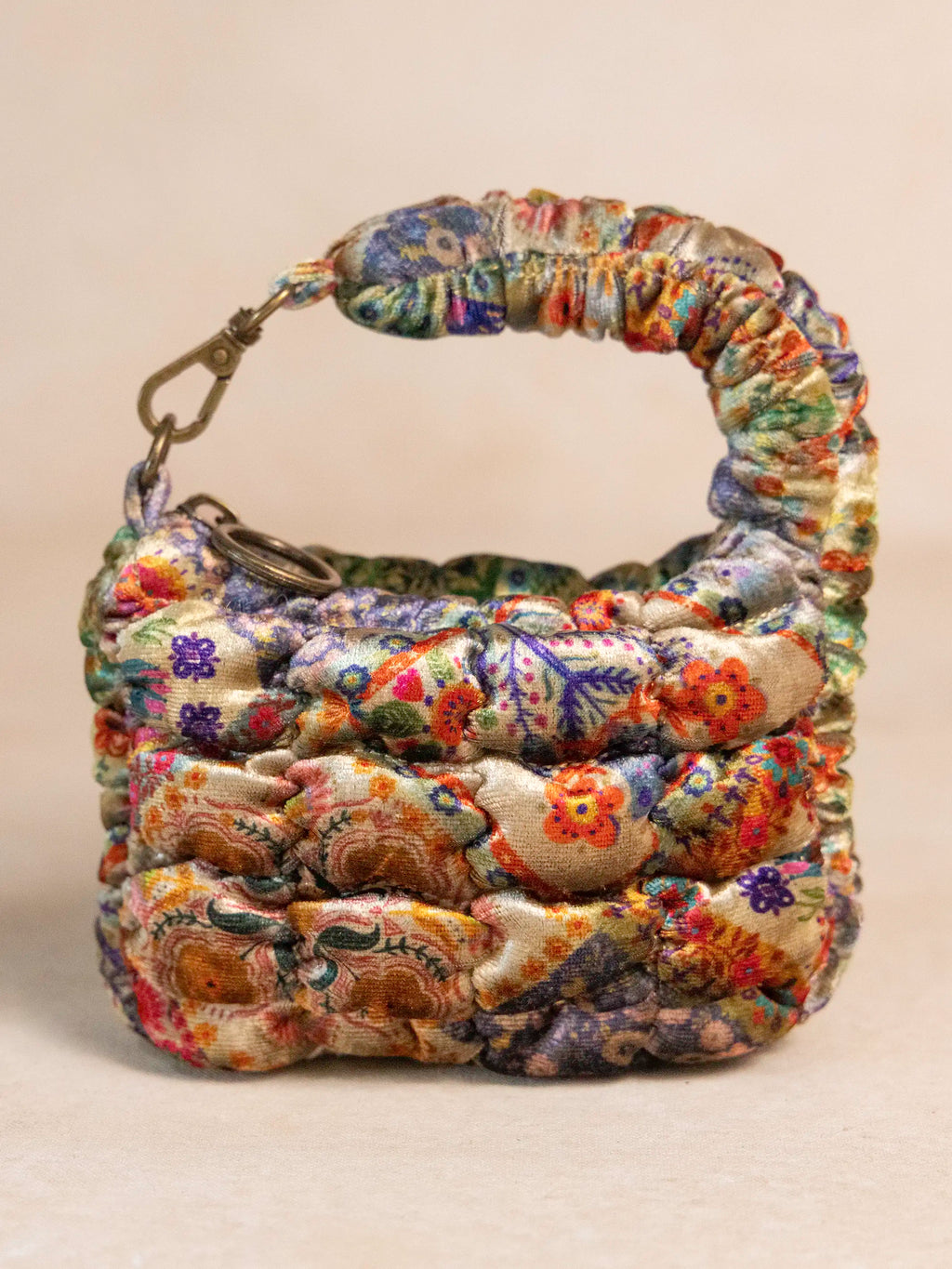 Puffy Velvet Mini Clip-On Pouch - Mandala Folk Patchwork