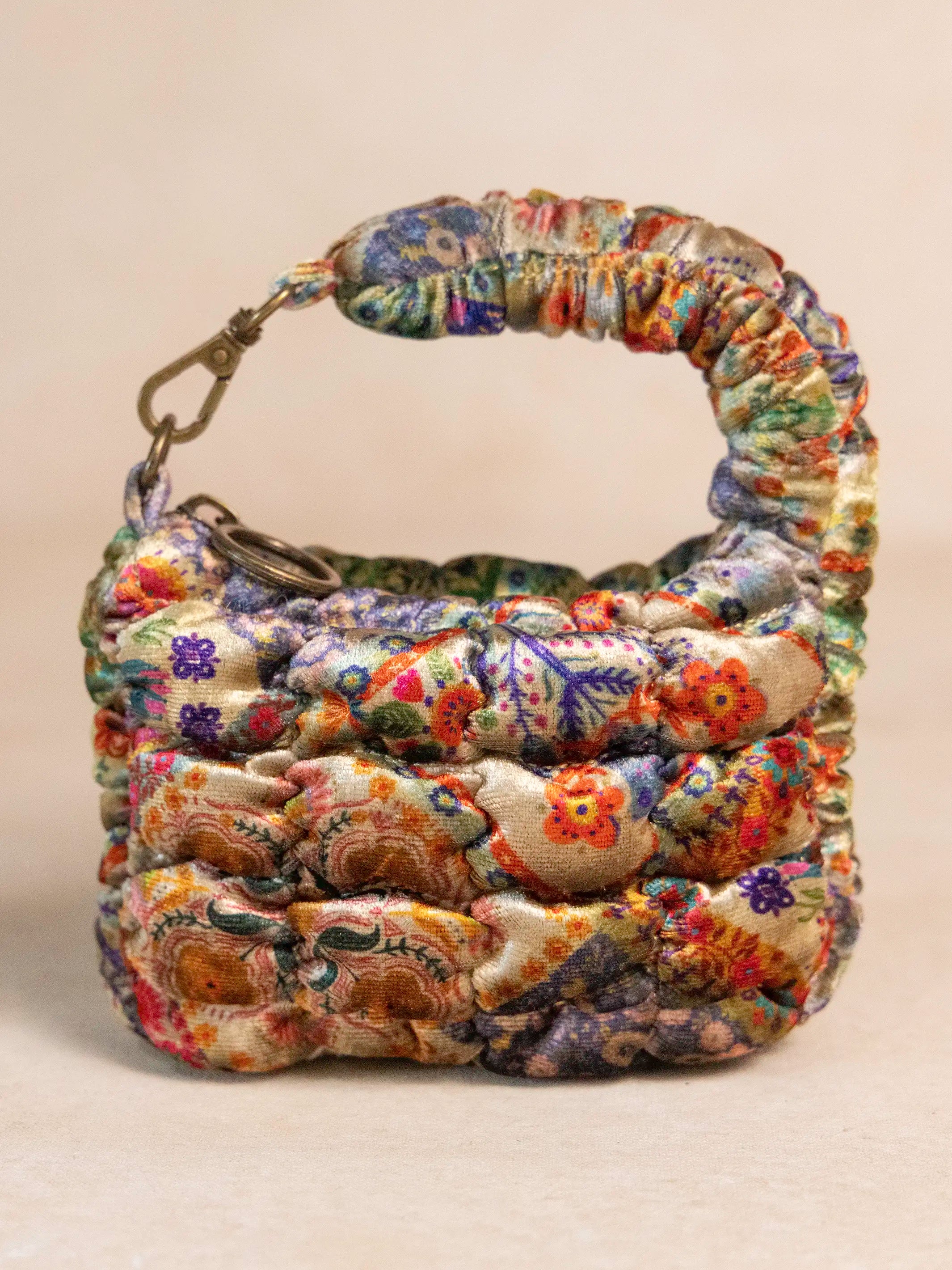 Puffy Velvet Mini Clip-On Pouch - Mandala Folk Patchwork