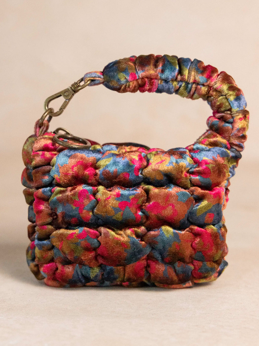 Puffy Velvet Mini Clip-On Pouch - Teal Pink Floral Velvet
