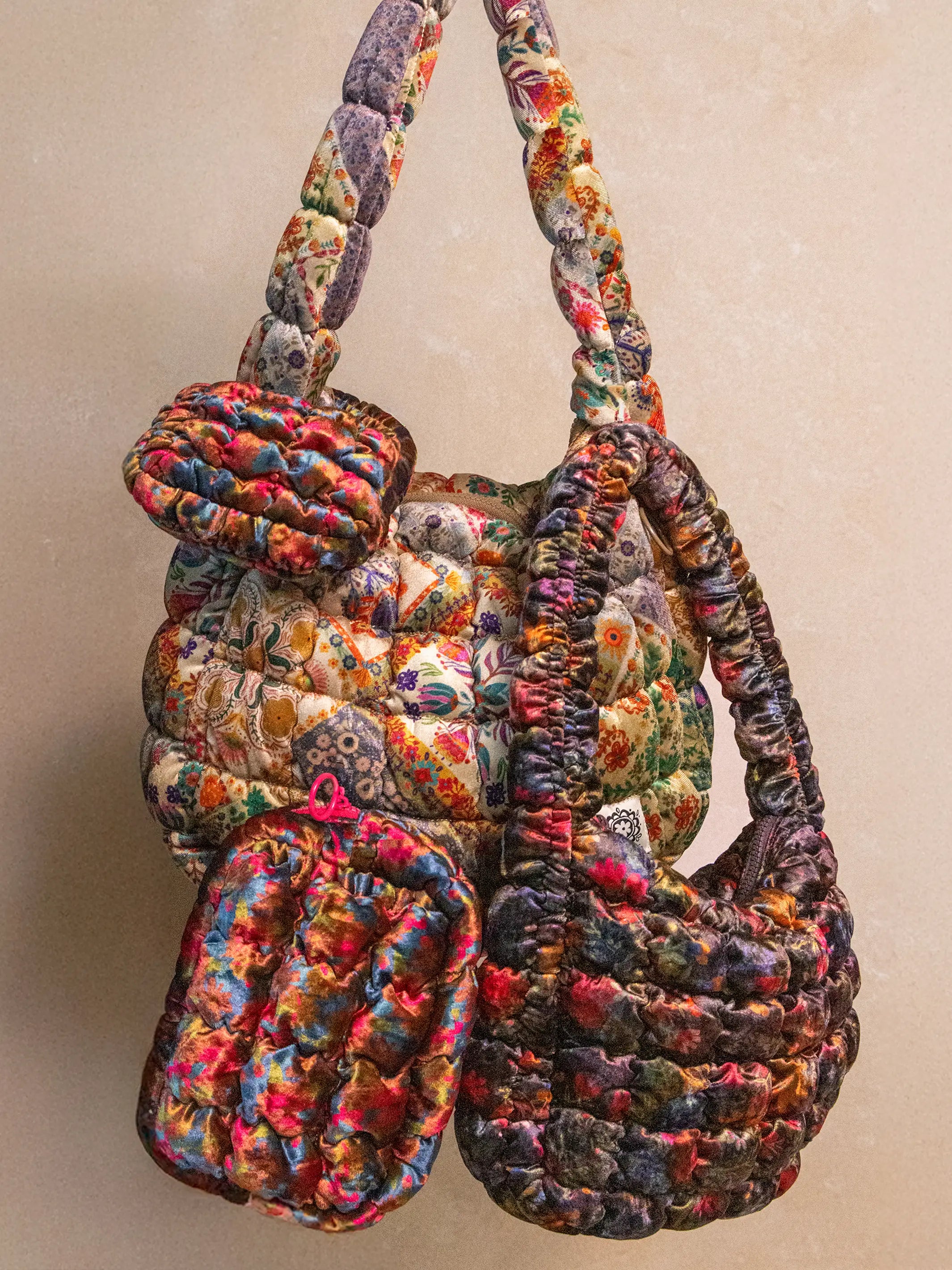 Puffy Velvet Mini Clip-On Pouch - Teal Pink Floral Velvet