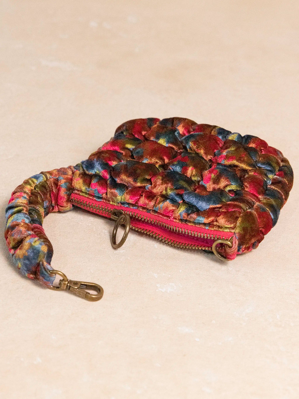 Puffy Velvet Mini Clip-On Pouch - Teal Pink Floral Velvet