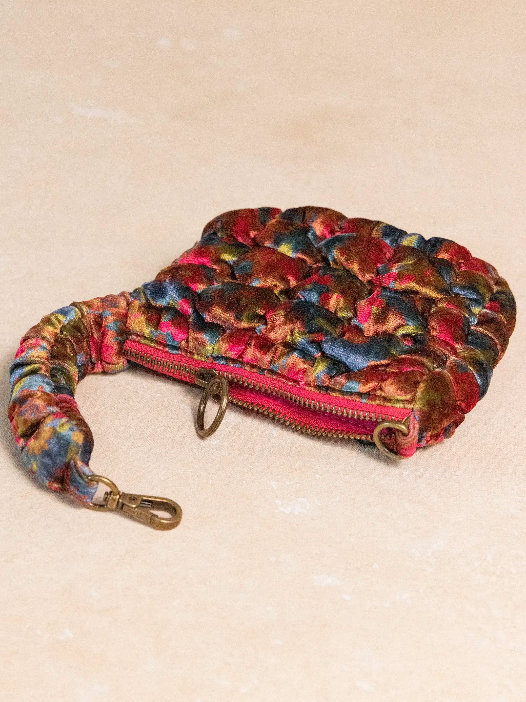 Puffy Velvet Mini Clip-On Pouch - Teal Pink Floral Velvet