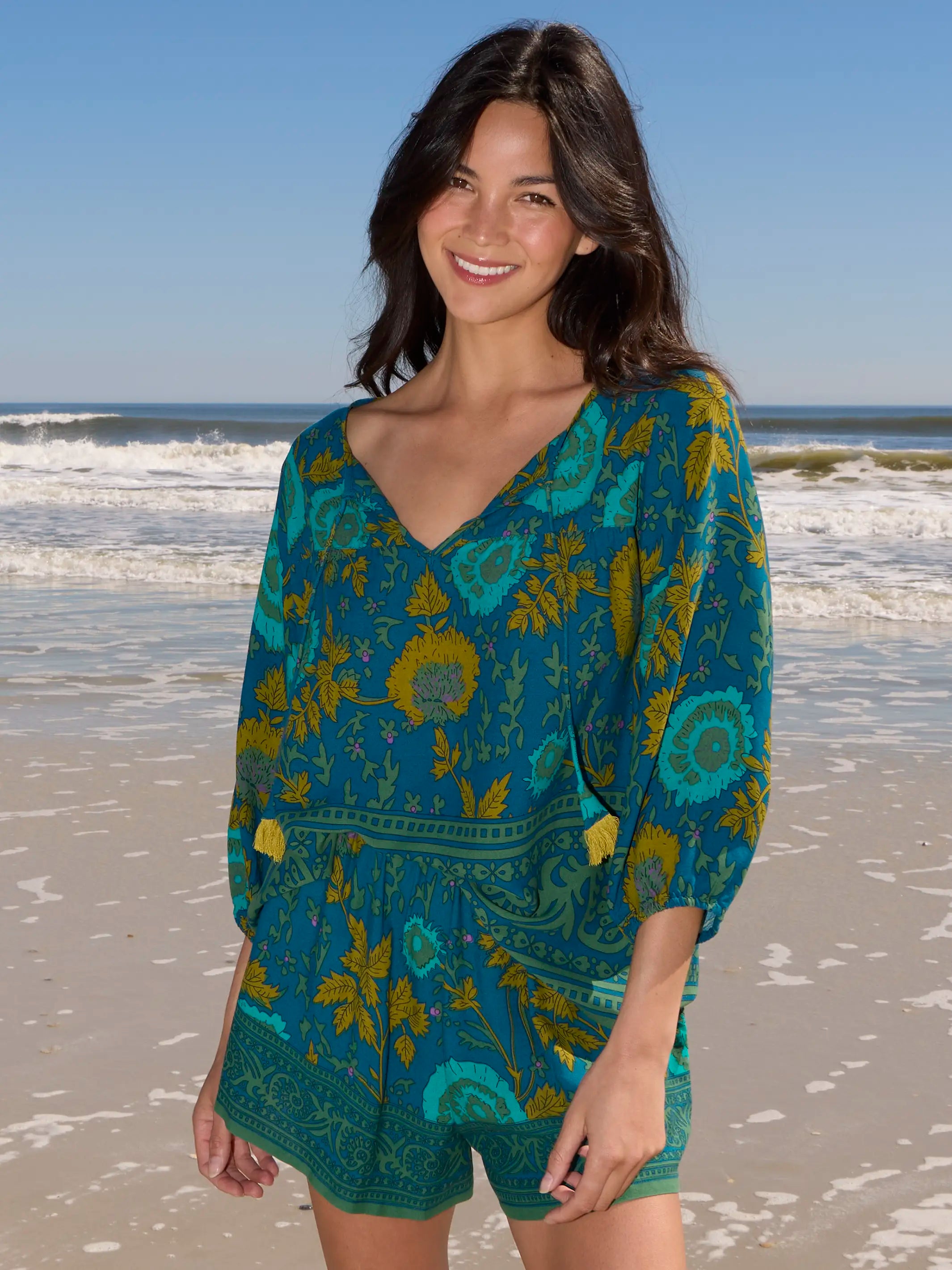 Maribel Shorts - Teal Sage Border