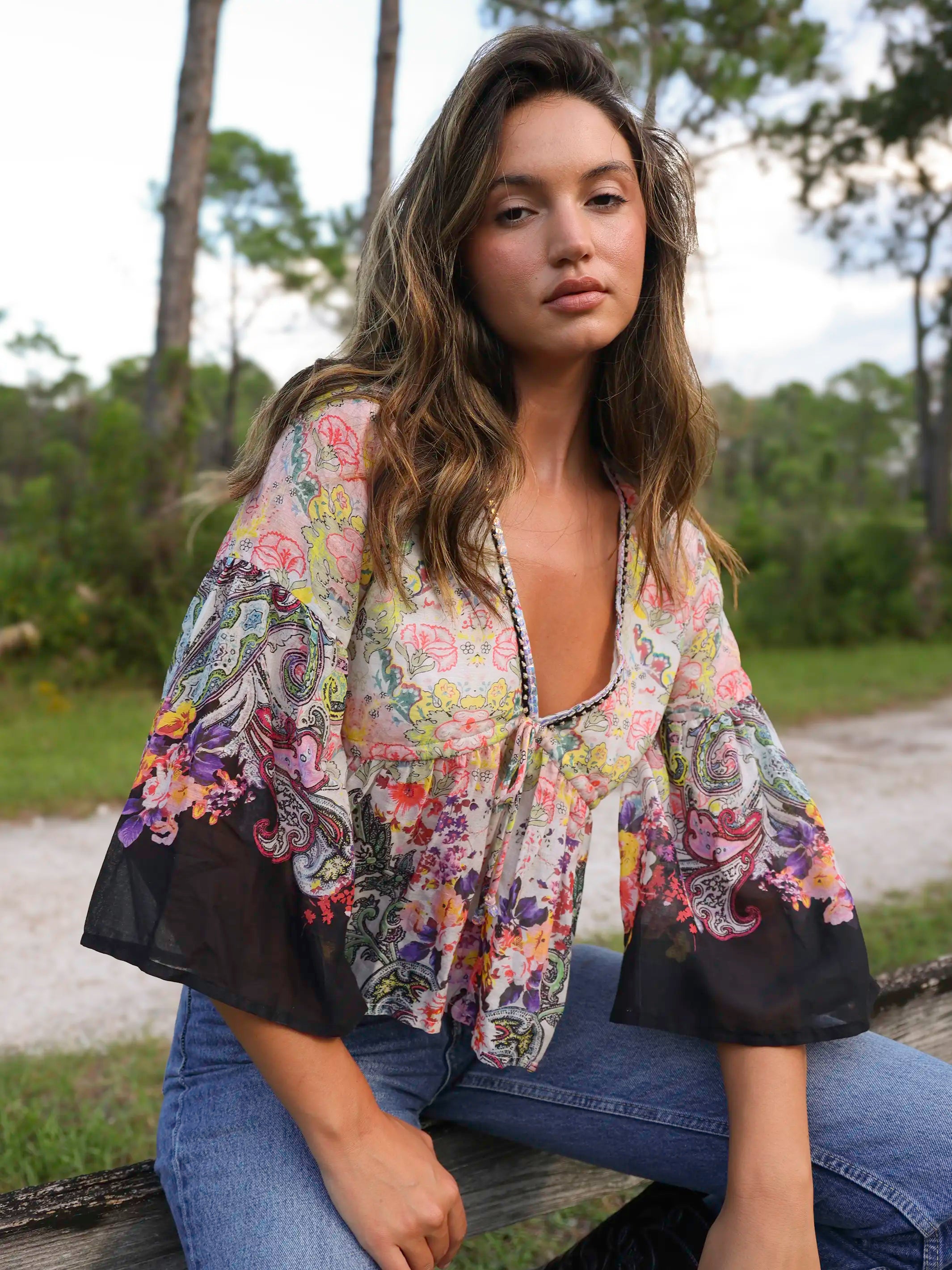 Isabella Cotton Top - Black Multicolored Paisley