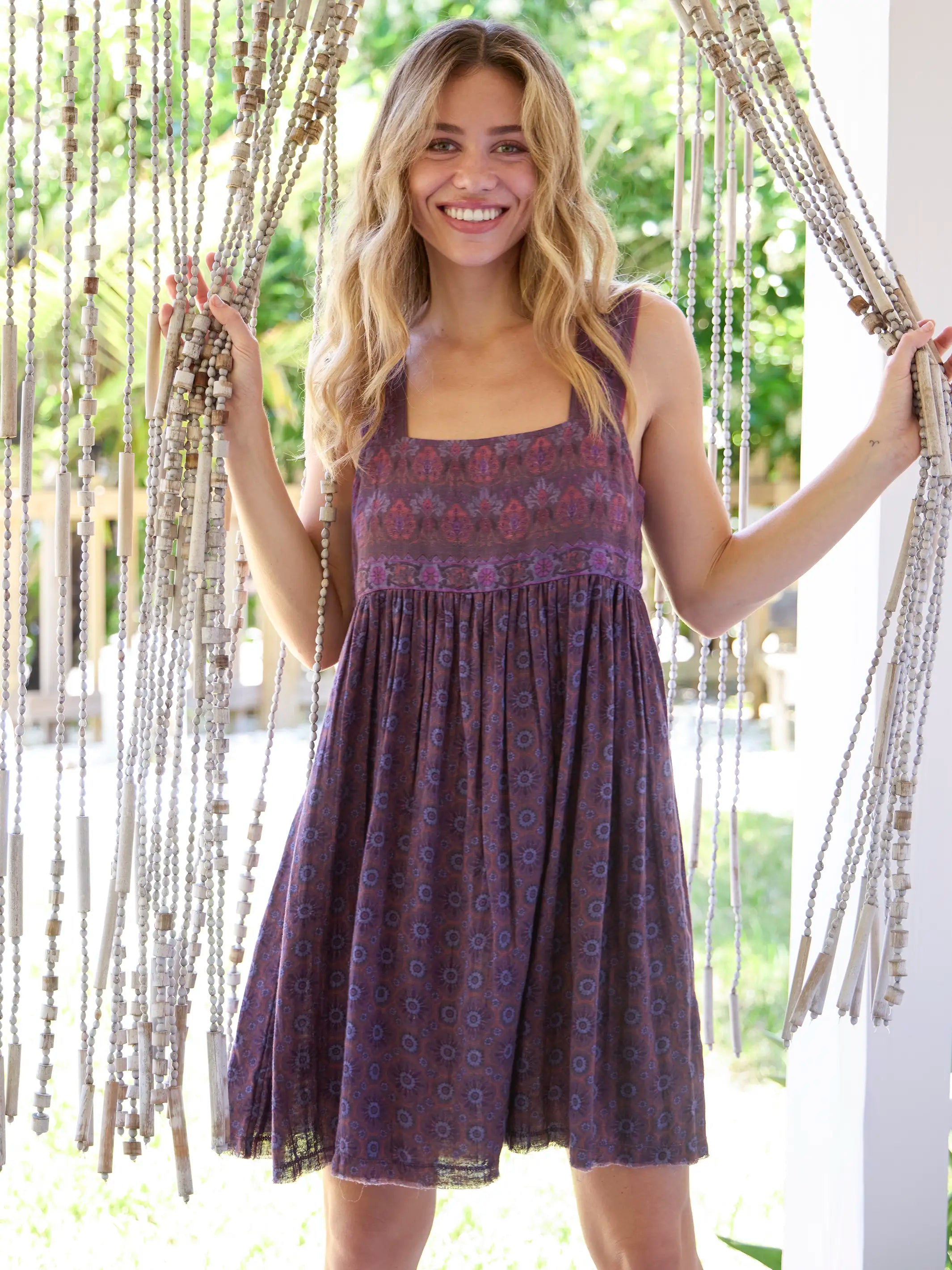 Tricia Reversible Cotton Gauze Dress - Medallion Eggplant Sunburst