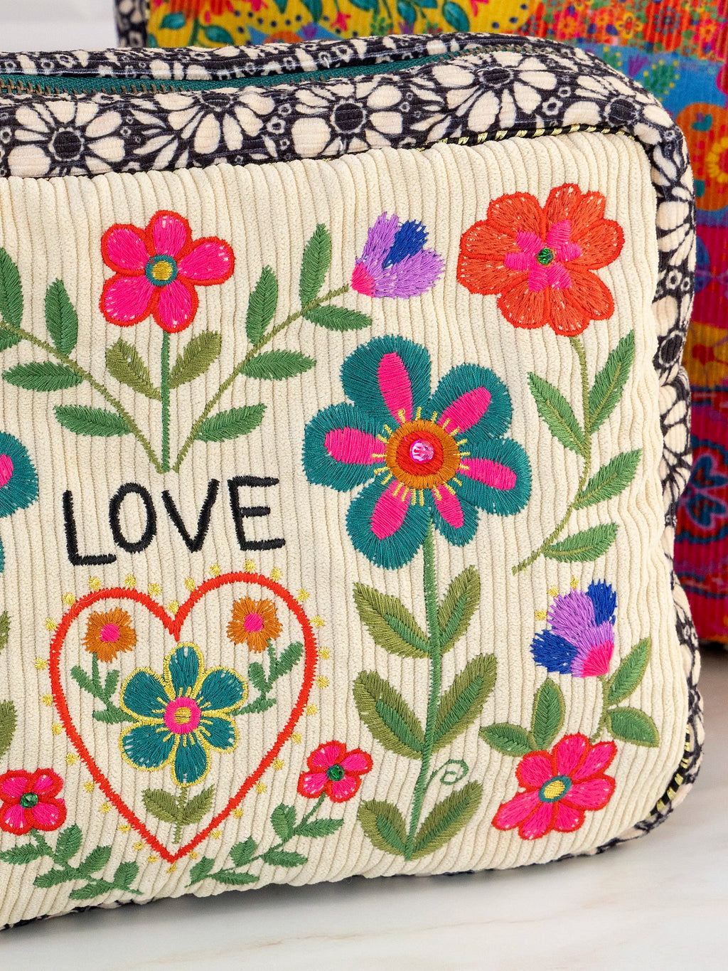 Embroidered Corduroy Cosmetic Pouch - Love