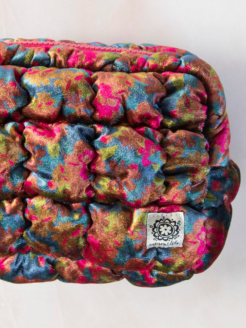 Dana Velvet Puffy Pouch - Teal Pink Floral