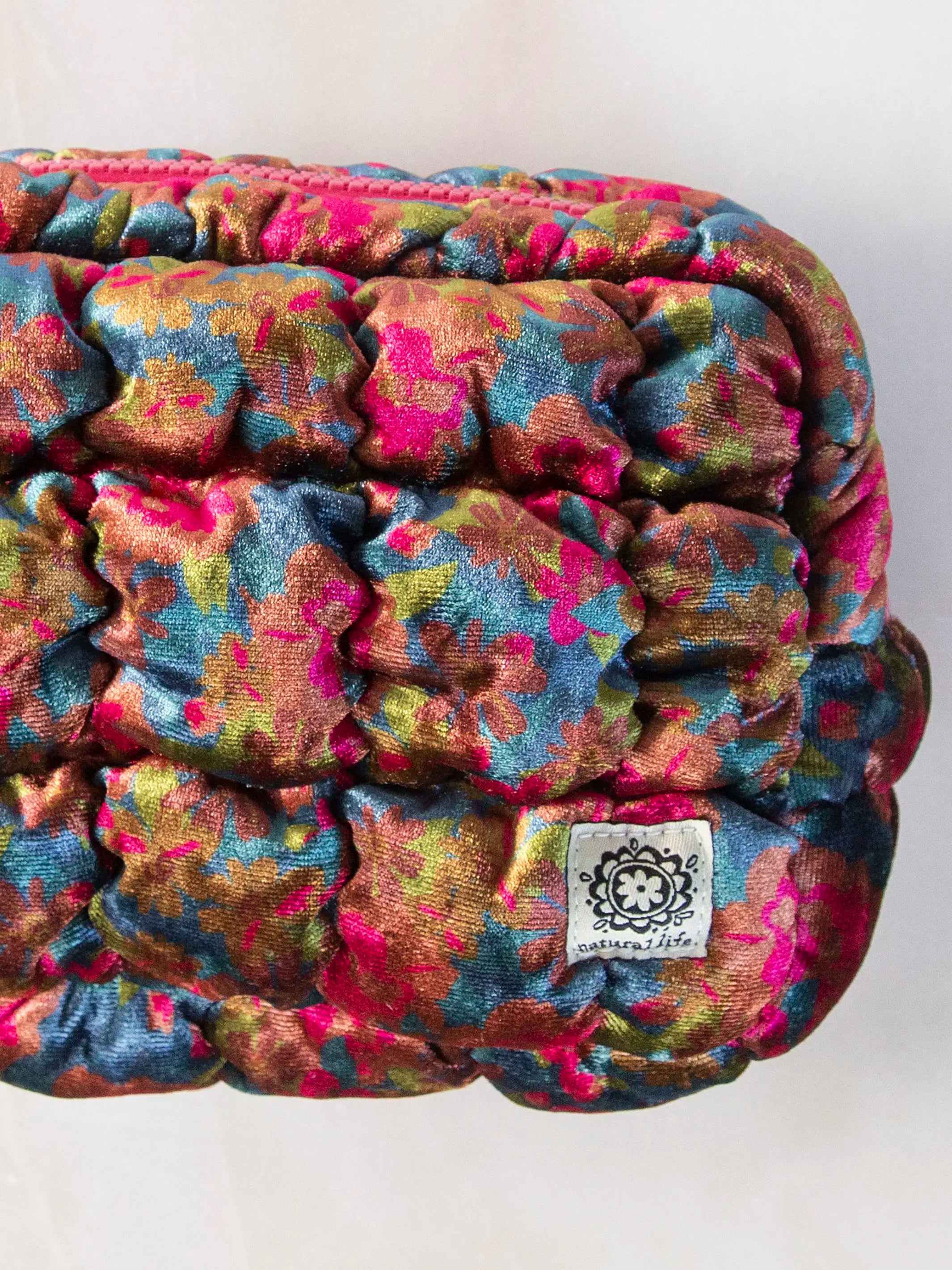 Dana Velvet Puffy Pouch - Teal Pink Floral