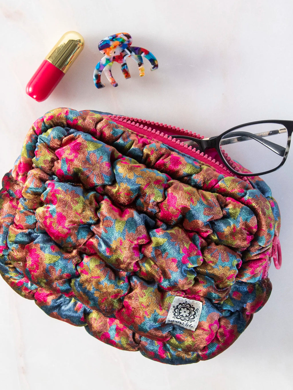 Dana Velvet Puffy Pouch - Teal Pink Floral