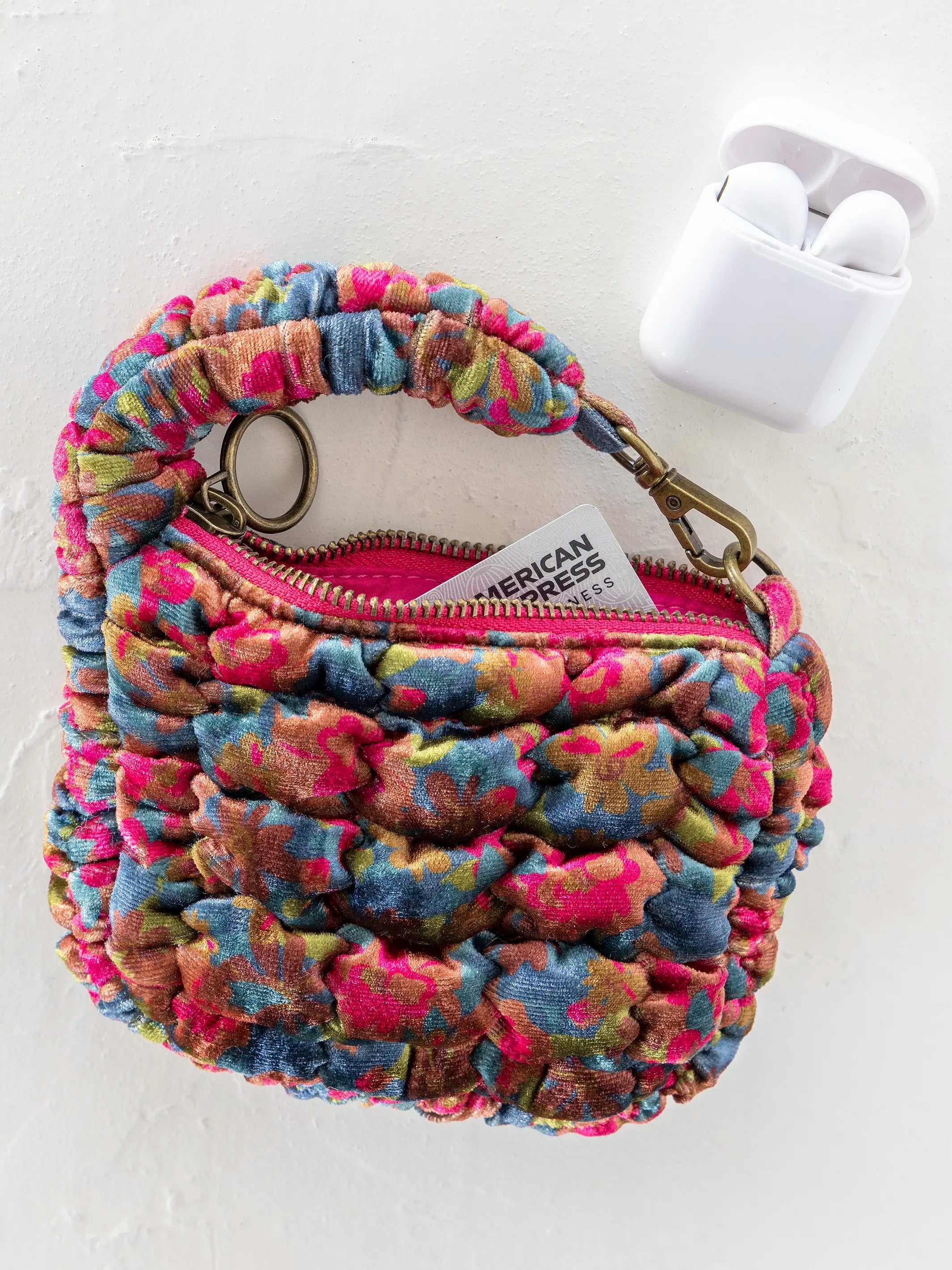 Puffy Velvet Mini Clip-On Pouch - Teal Pink Floral Velvet
