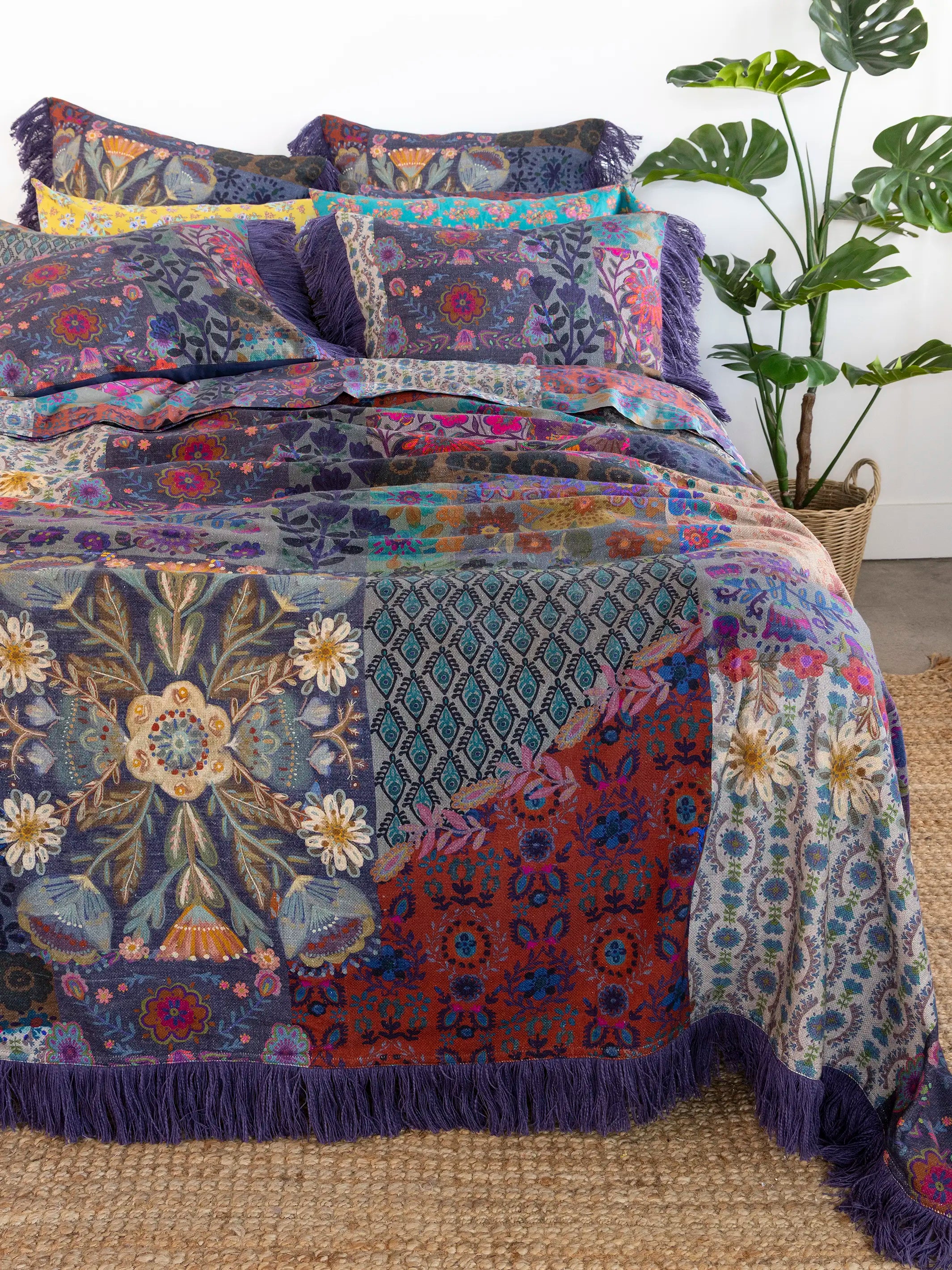 Boho Fringe Euro Sham - Blue Patchwork