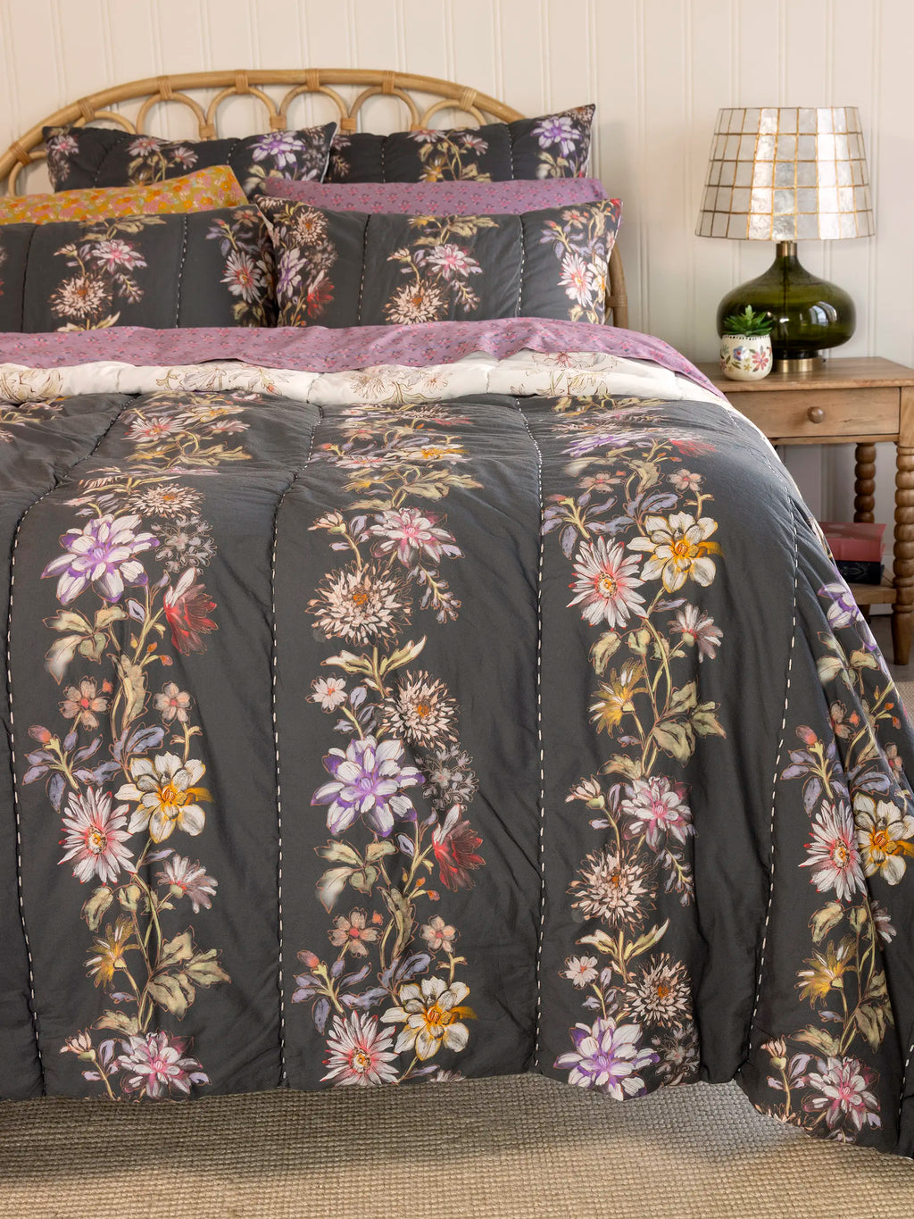 Bungalow Reversible Cotton Euro Sham - Ivory Dahlia Rows