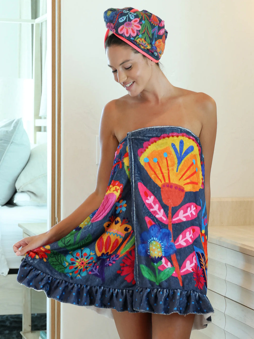 Towel Wrap - Navy Folk Flower