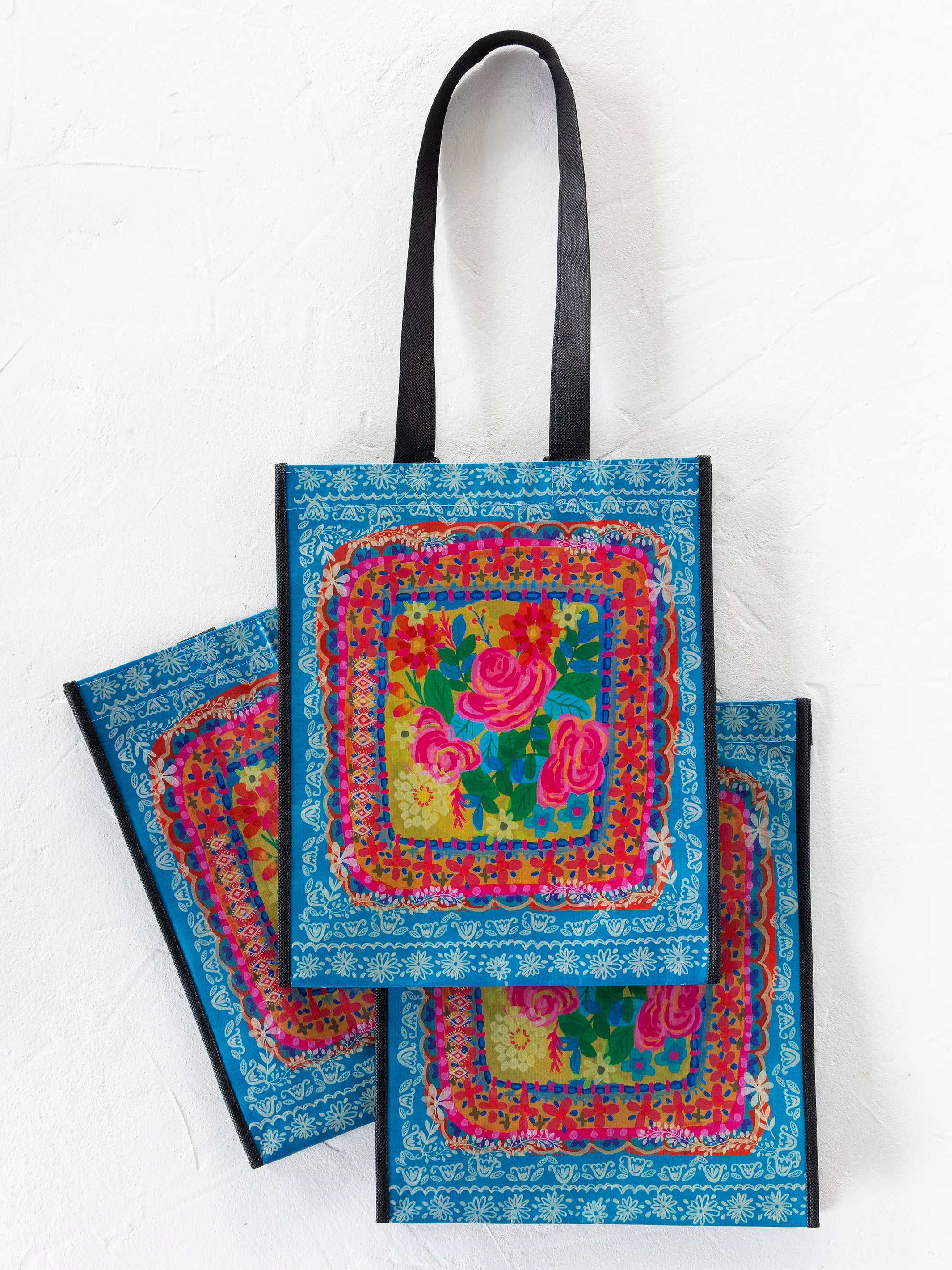 Large Happy Bag, Set of 3 - Teal Flower Bouquet
