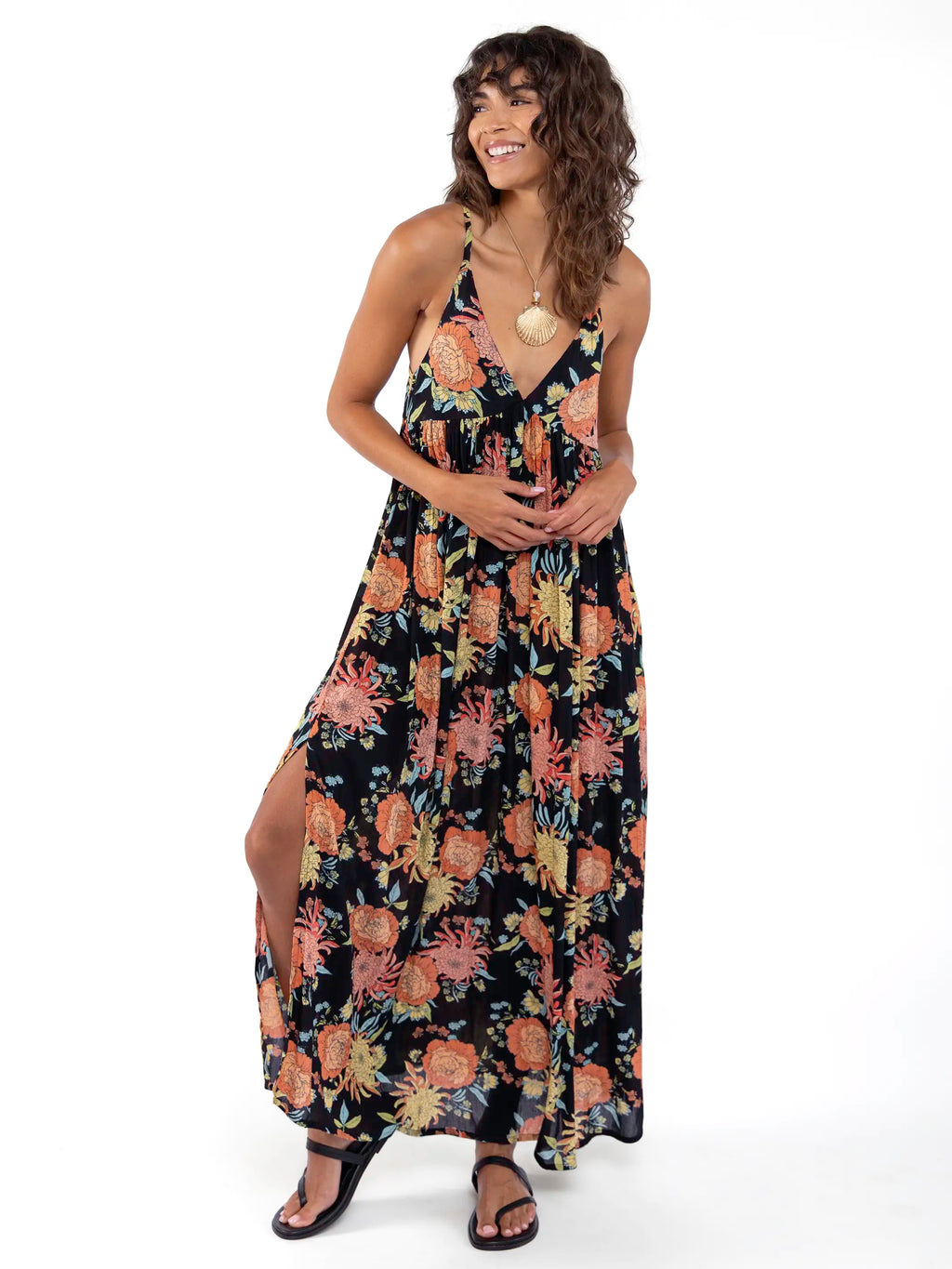 Reyna Deep V-Neck Maxi Dress - Black Marigold Floral