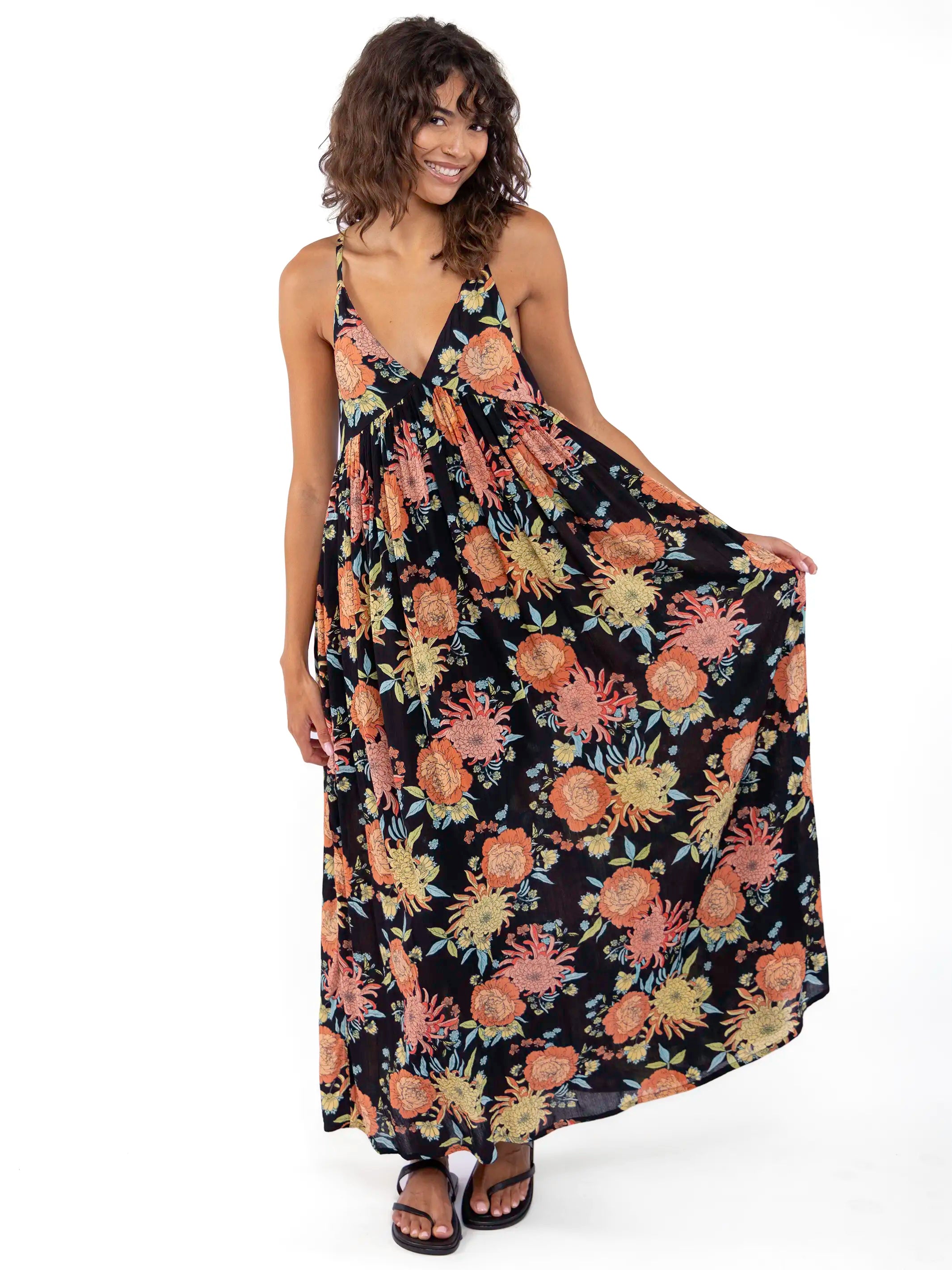 Reyna Deep V-Neck Maxi Dress - Black Marigold Floral