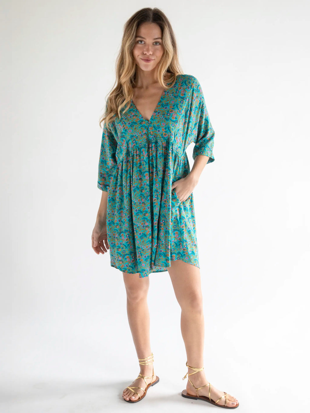 Stella V-Neck Mini Dress - Turquoise Ditsy Vines