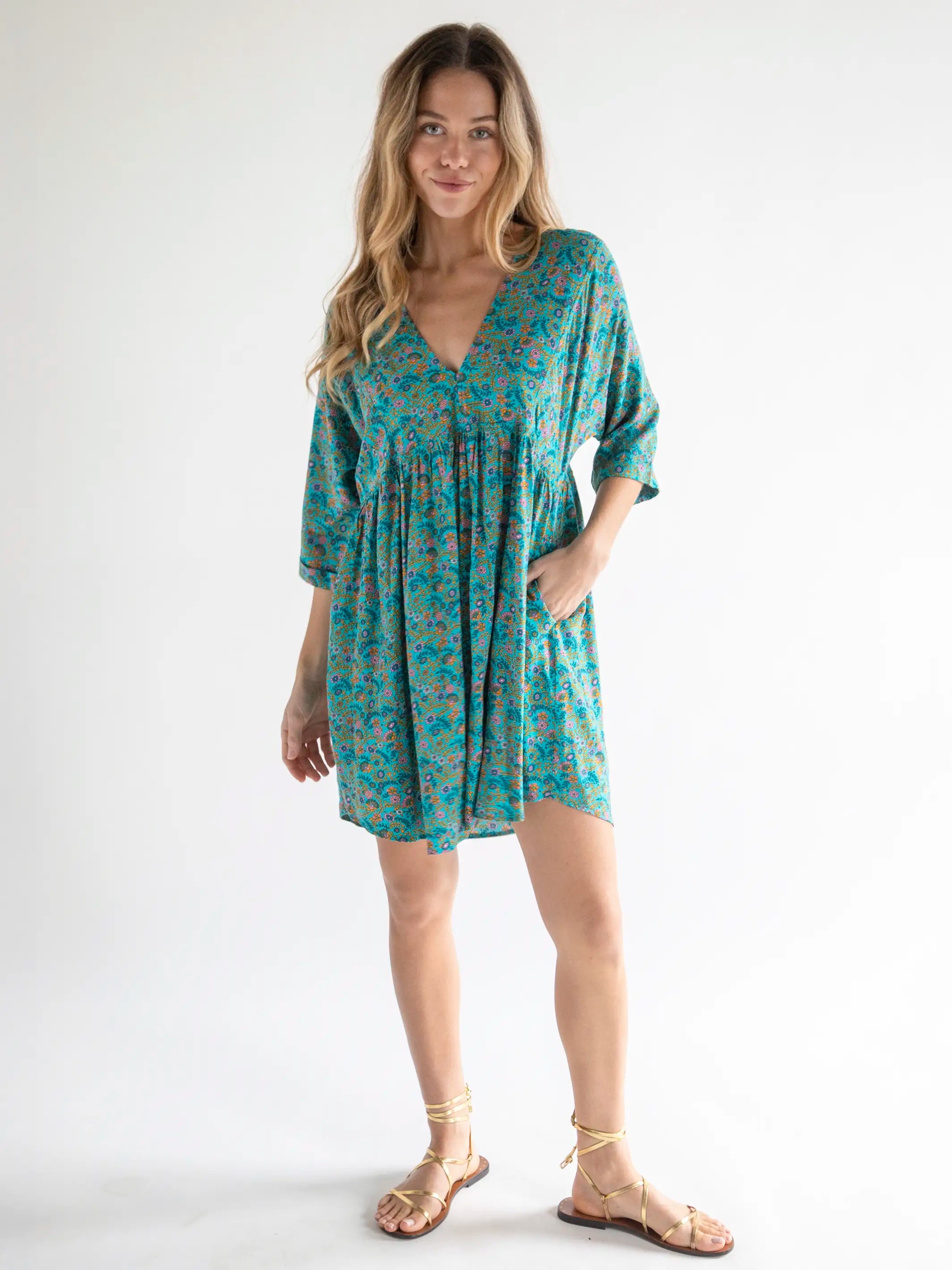 Stella V-Neck Mini Dress - Turquoise Ditsy Vines