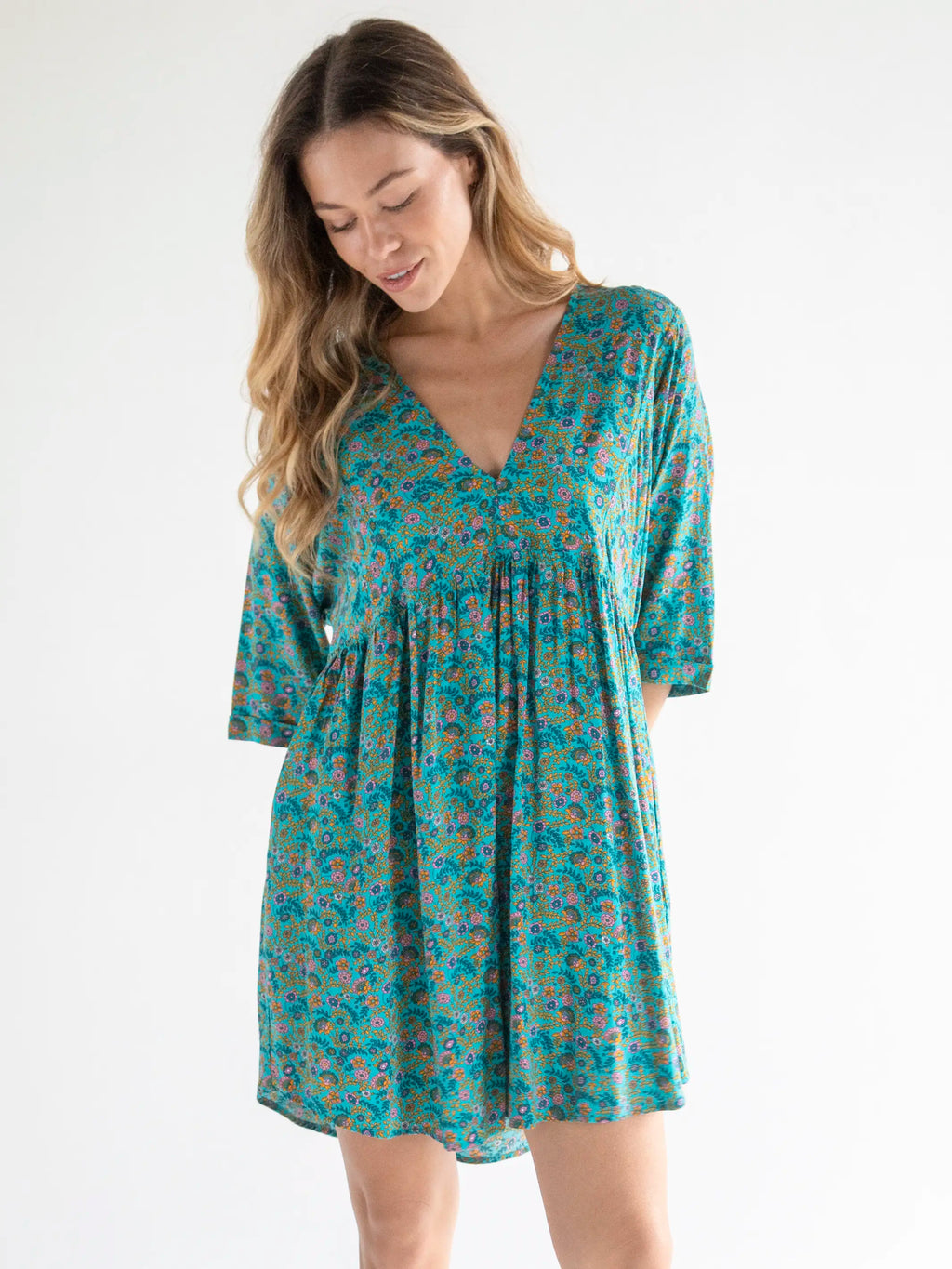 Stella V-Neck Mini Dress - Turquoise Ditsy Vines