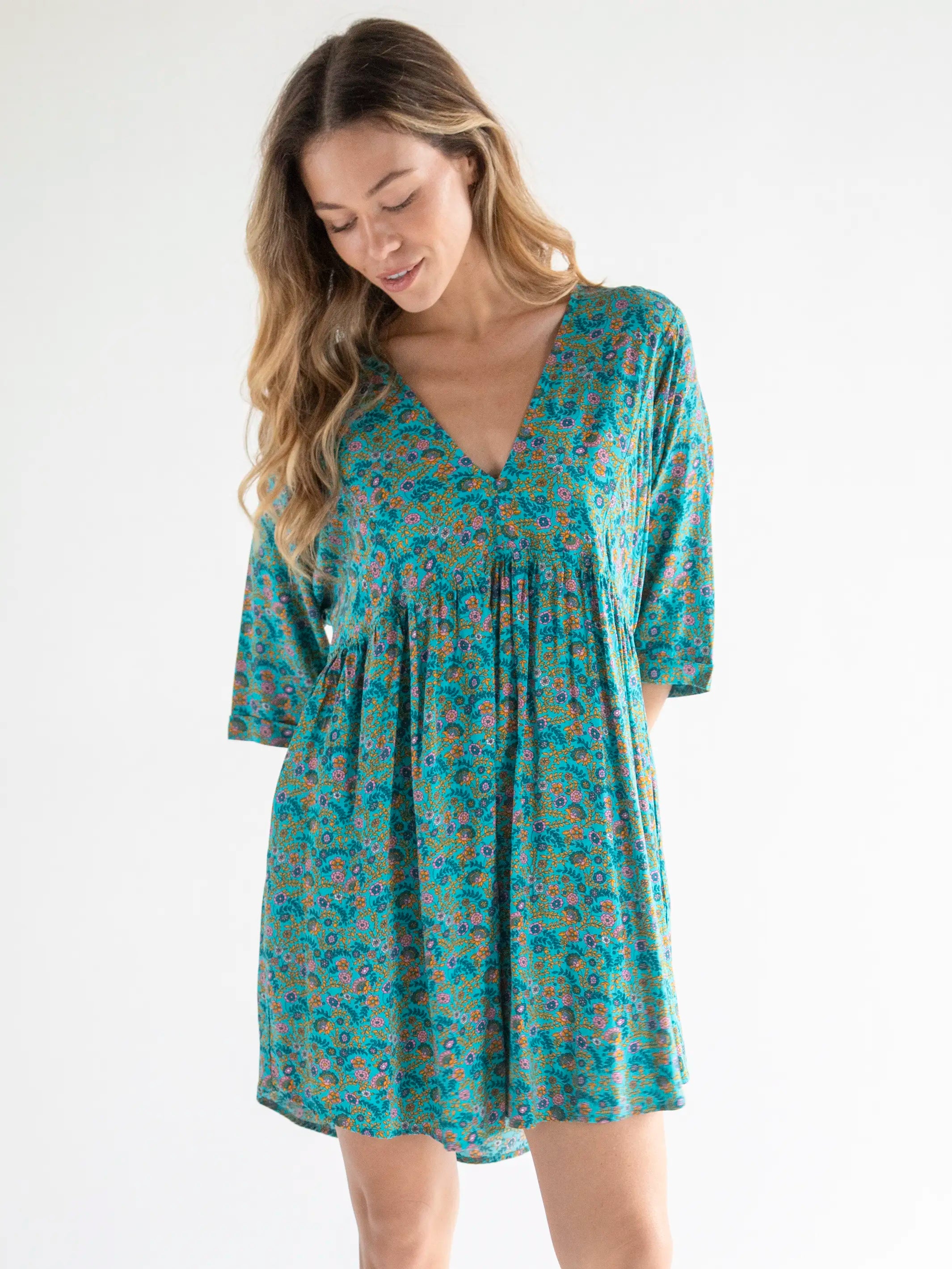 Stella V-Neck Mini Dress - Turquoise Ditsy Vines