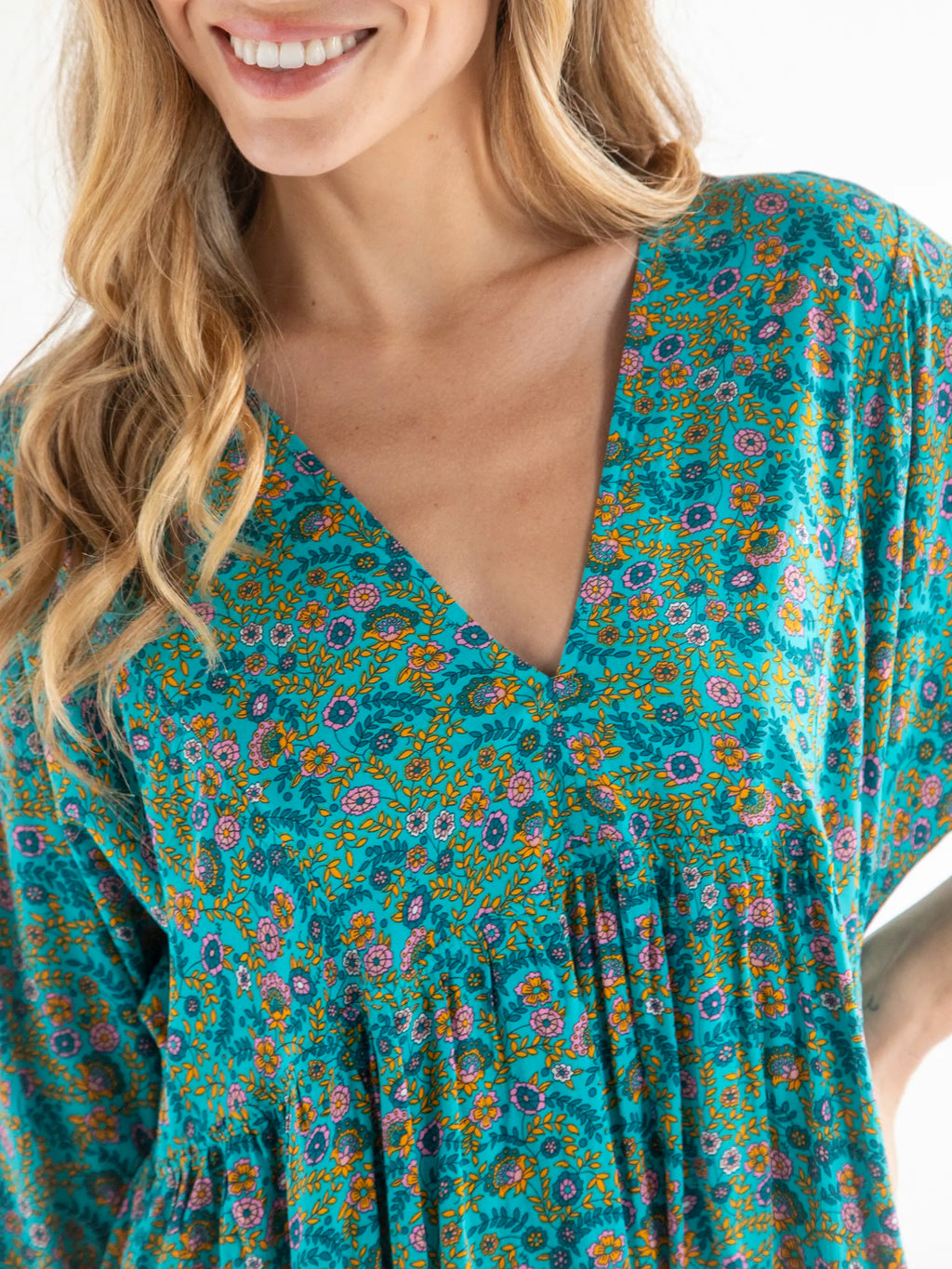 Stella V-Neck Mini Dress - Turquoise Ditsy Vines