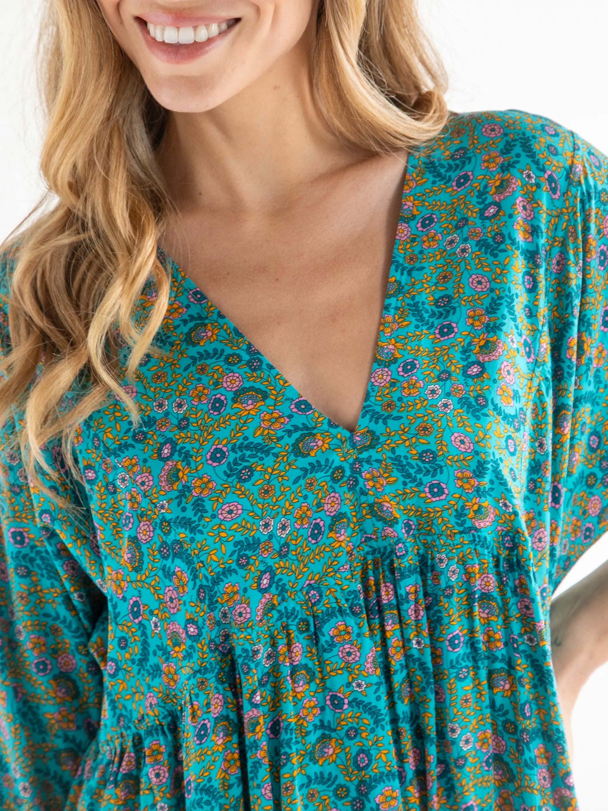Stella V-Neck Mini Dress - Turquoise Ditsy Vines