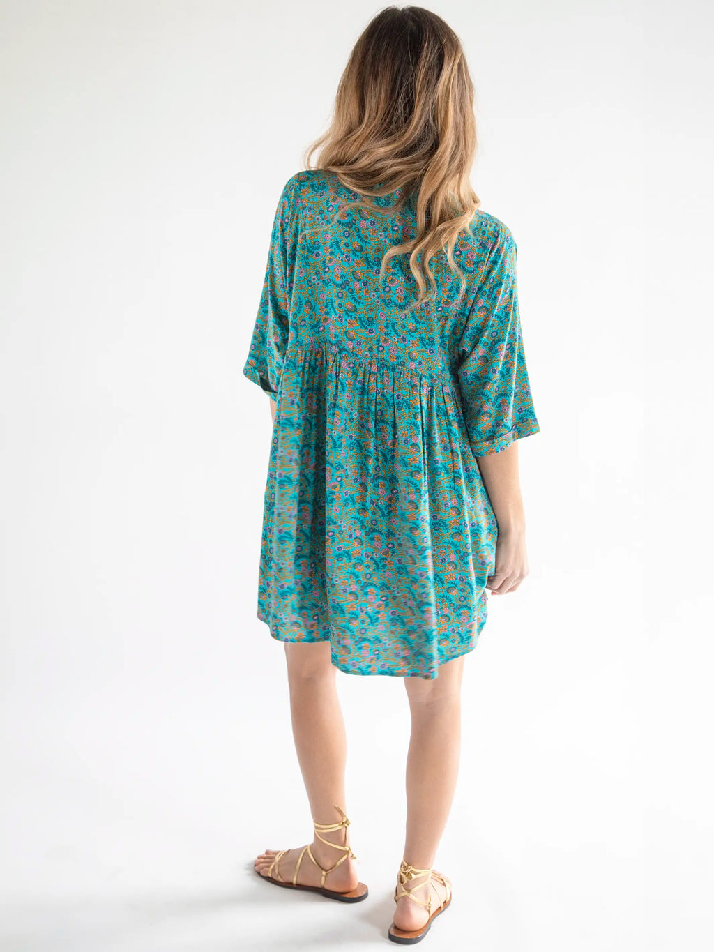 Stella V-Neck Mini Dress - Turquoise Ditsy Vines