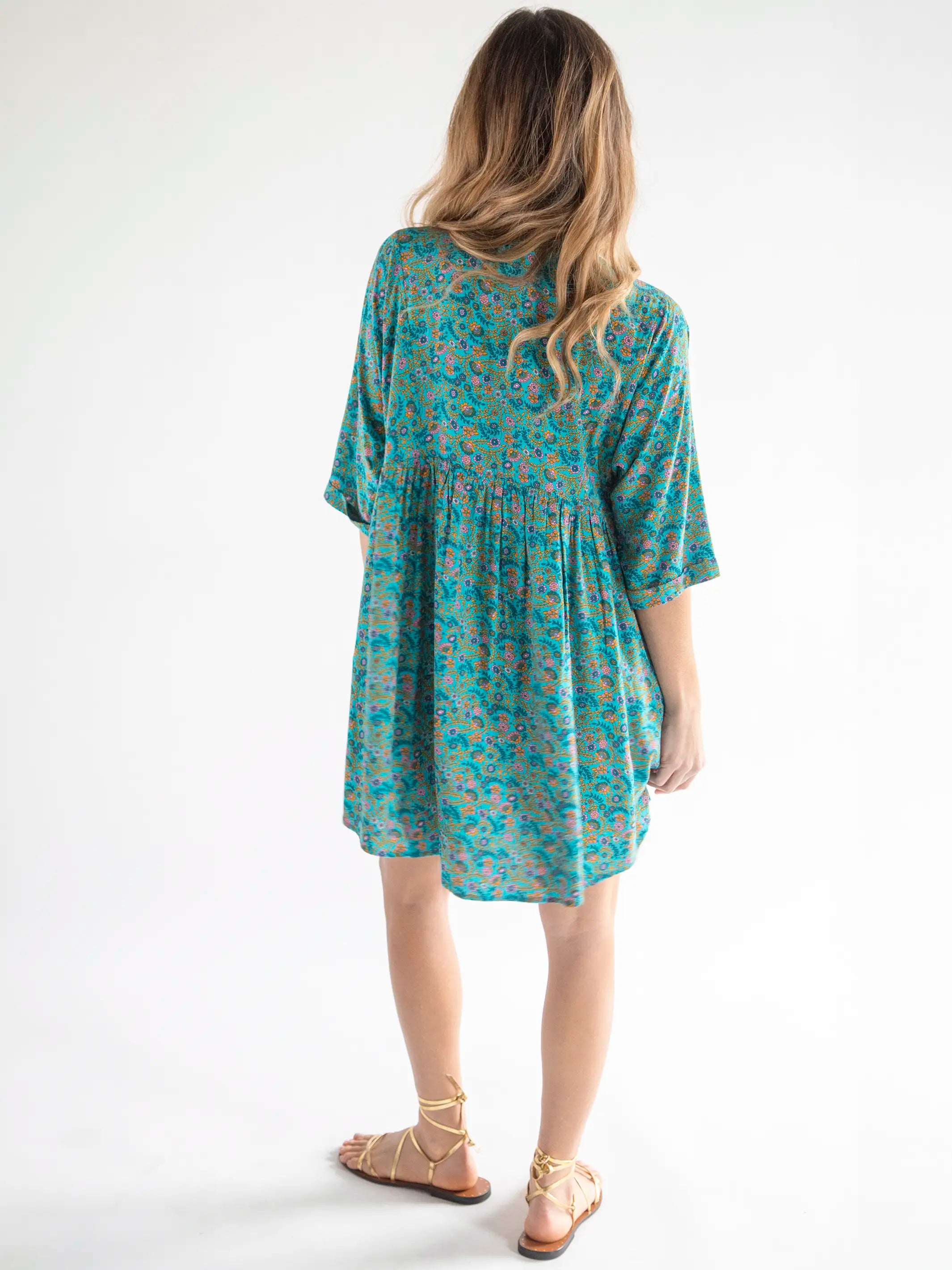Stella V-Neck Mini Dress - Turquoise Ditsy Vines