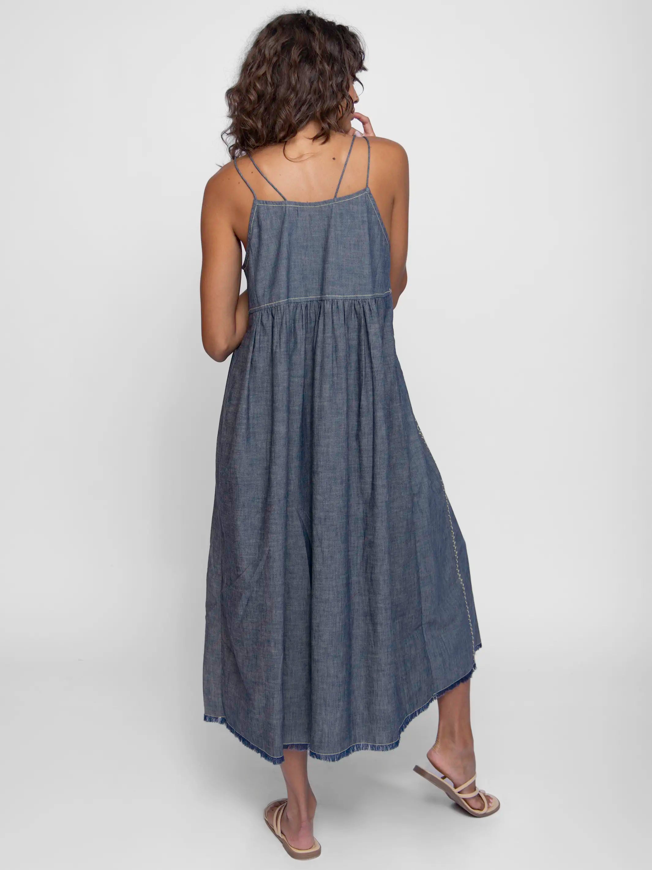 Erin Embroidered Cotton Midi Dress - Navy Denim