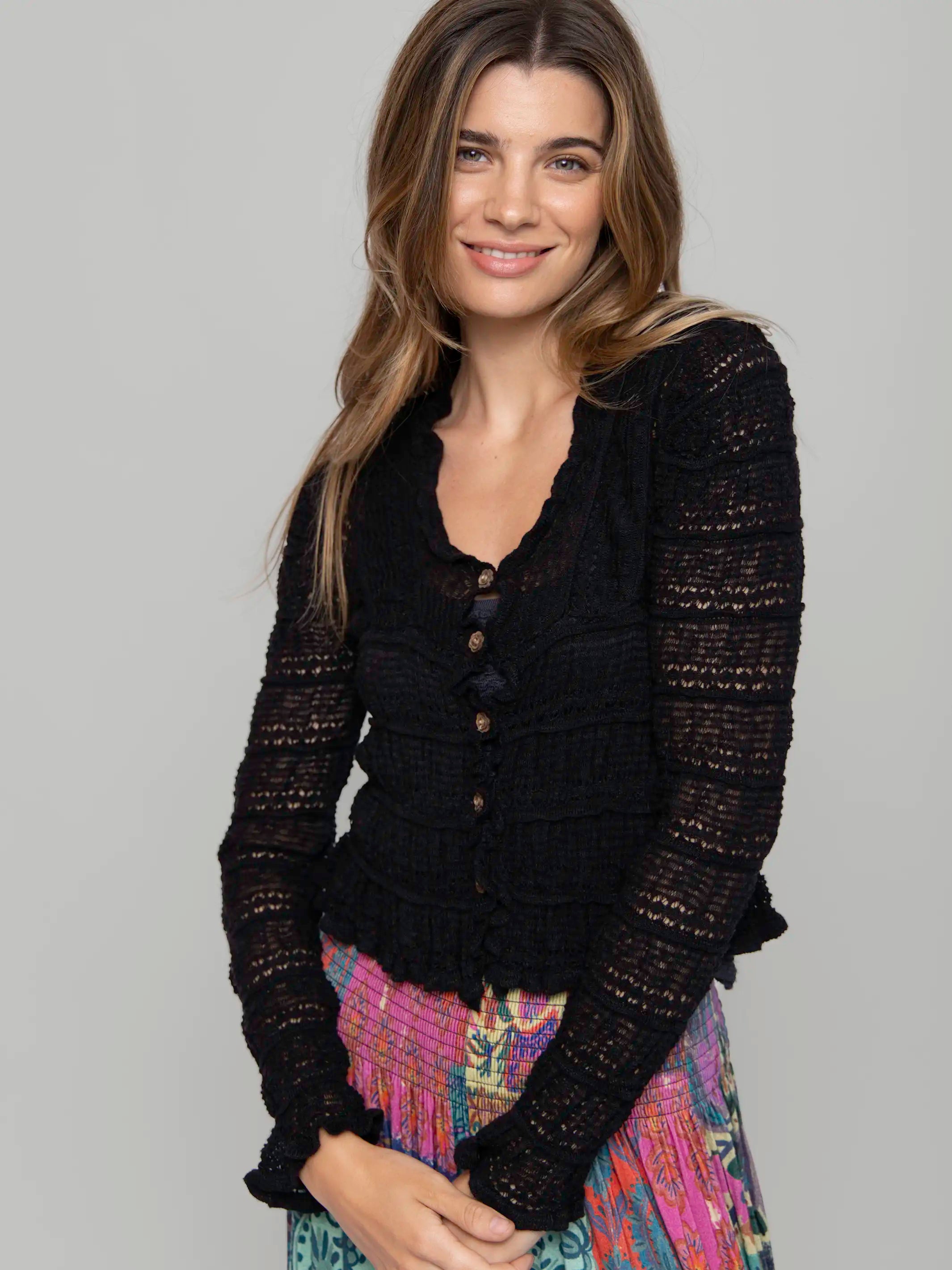 Juliet Ruffle Sweater Top - Black