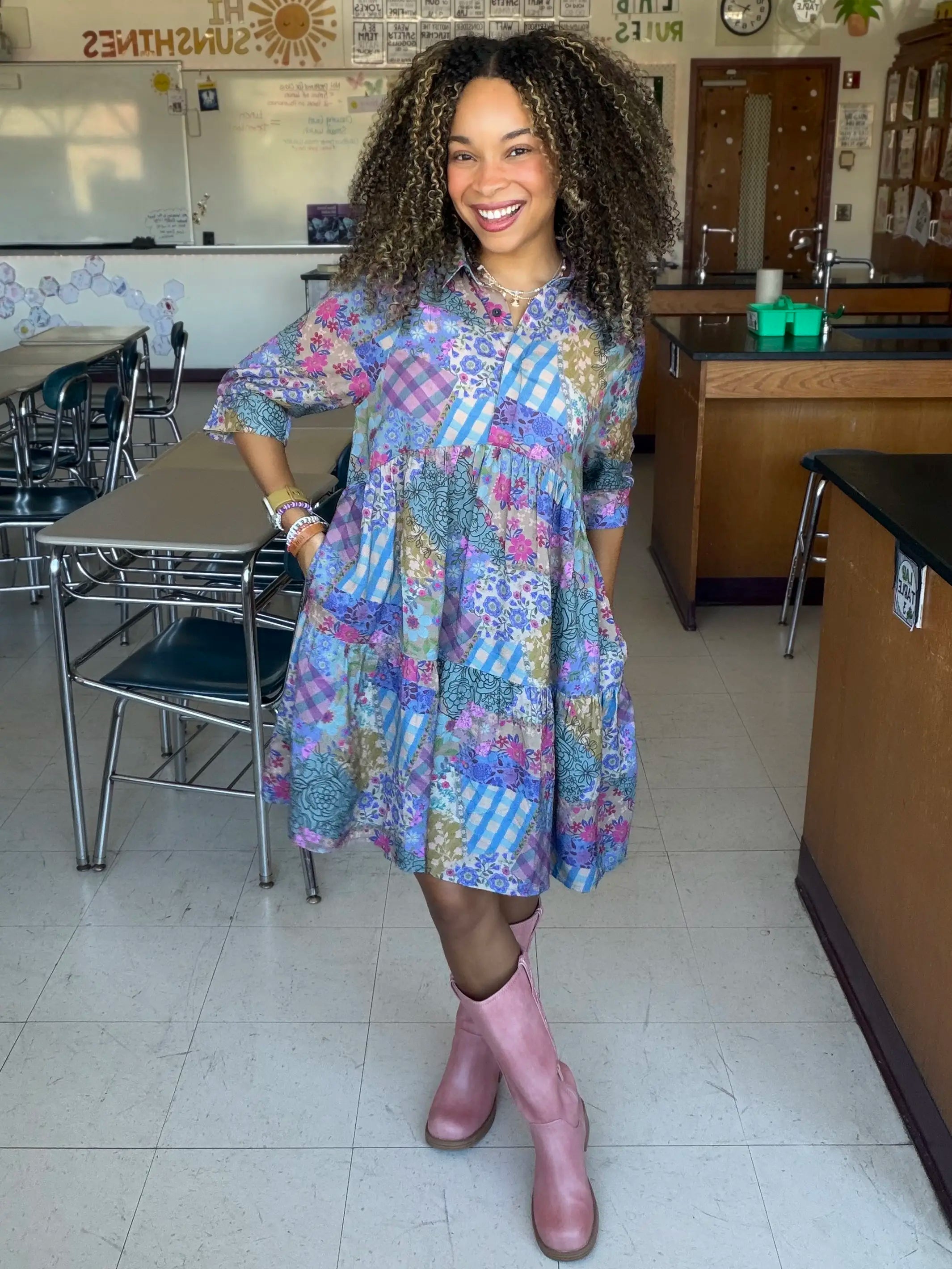 Becca Mini Dress - Gingham Floral Patchwork
