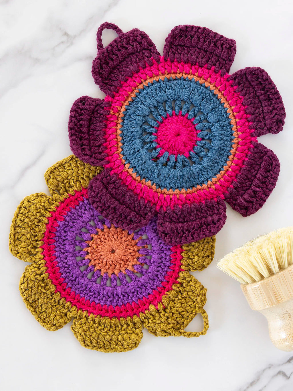 Daisy Crochet Dishcloths, Set of 2 - Rainbow