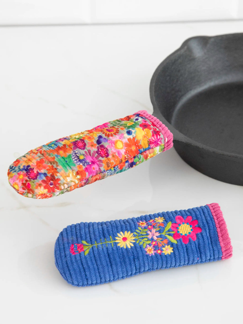 Skillet Handle Holders, Set of 2 - Blue Folk Flower Patchwork