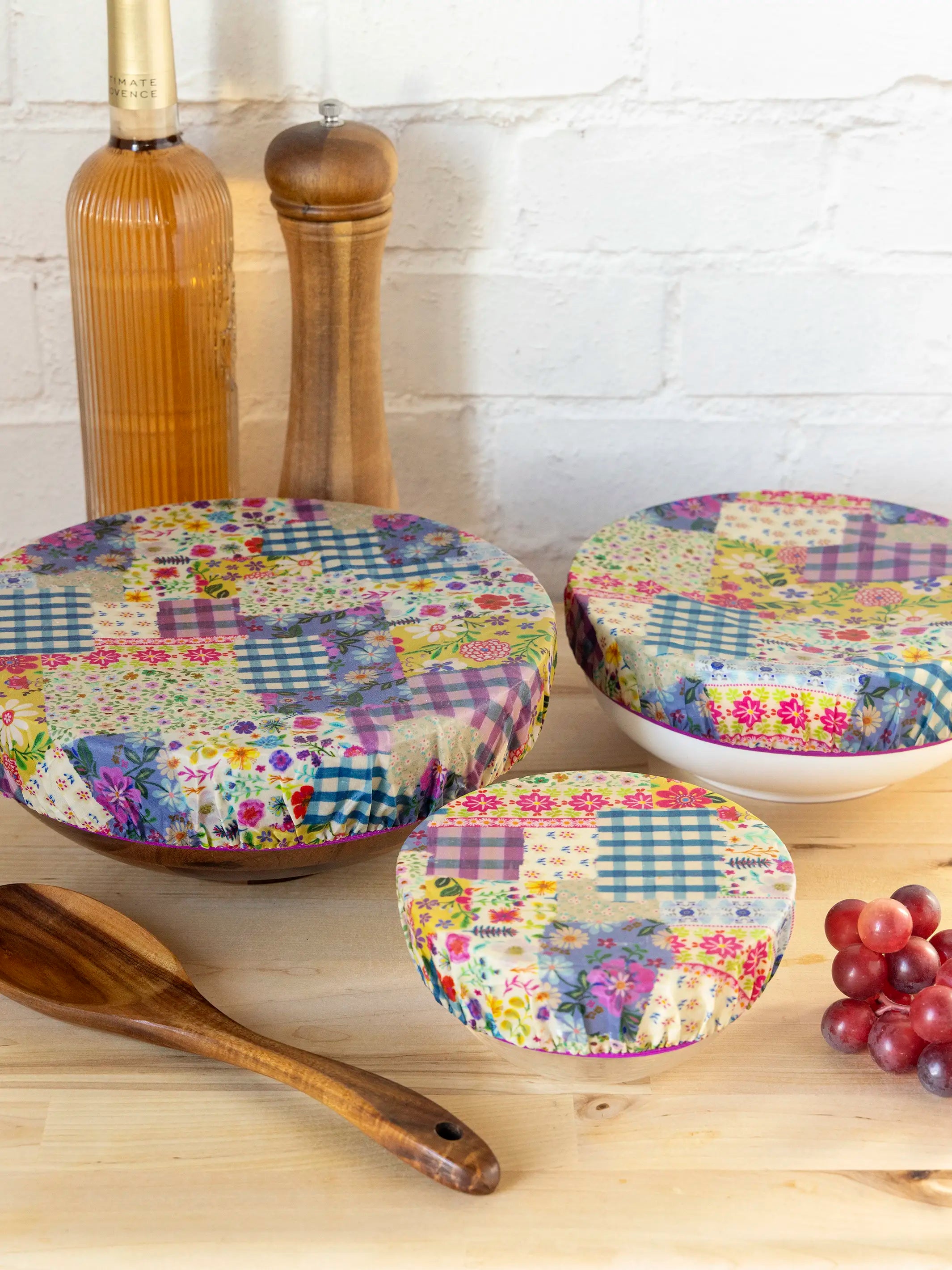 Beeswax Bowl Covers, Set of 3 - Gingham Floral Patchwork