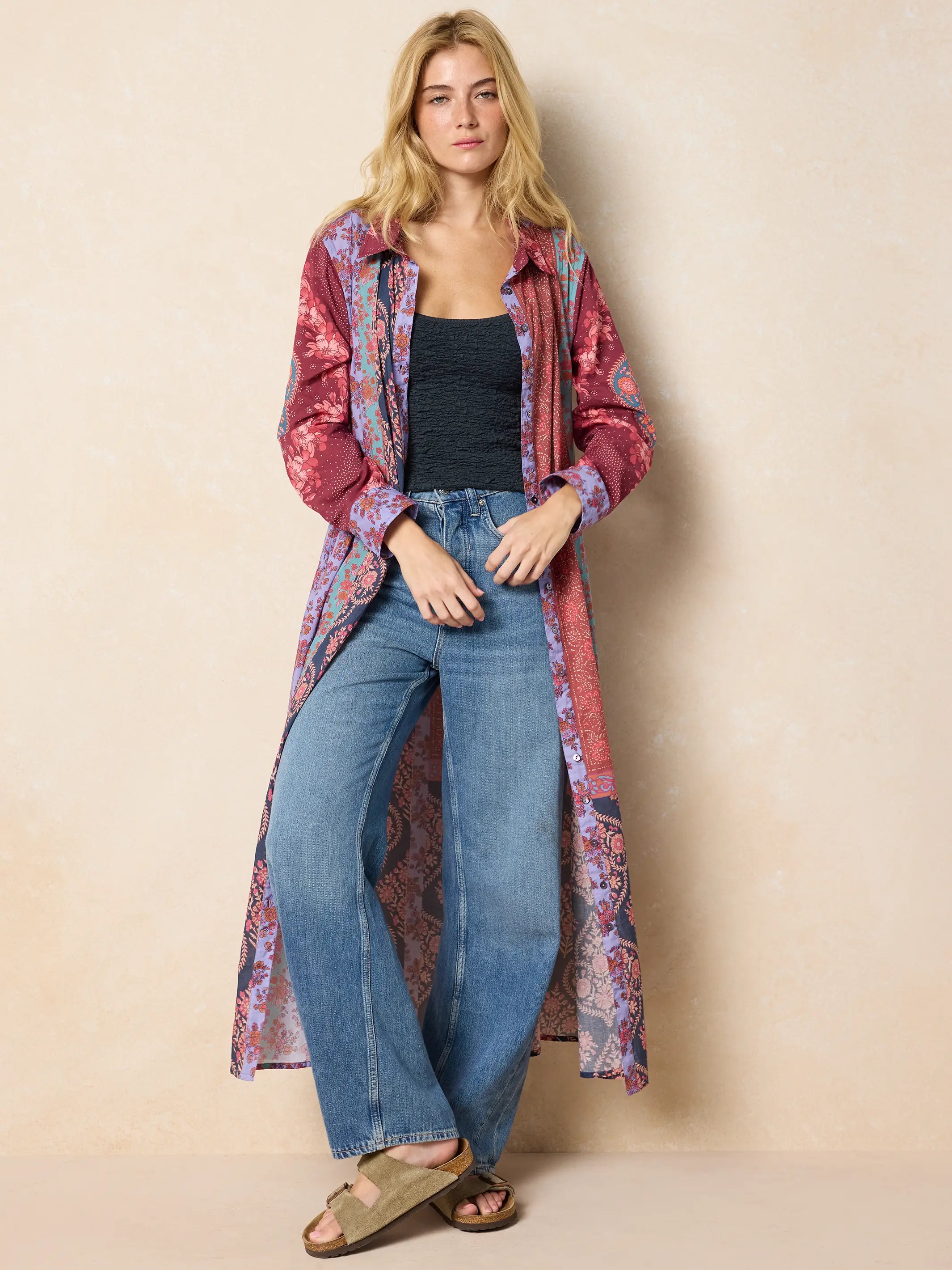 Drew Cotton Gauze Shirt Dress - Red Patchwork