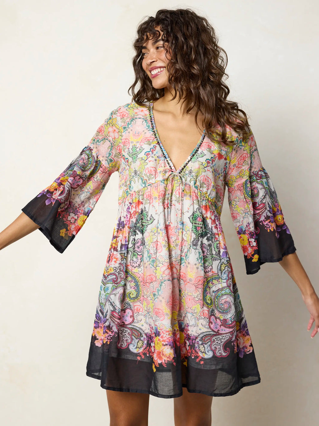 Isabella Mini Dress - Black Multicolored Paisley