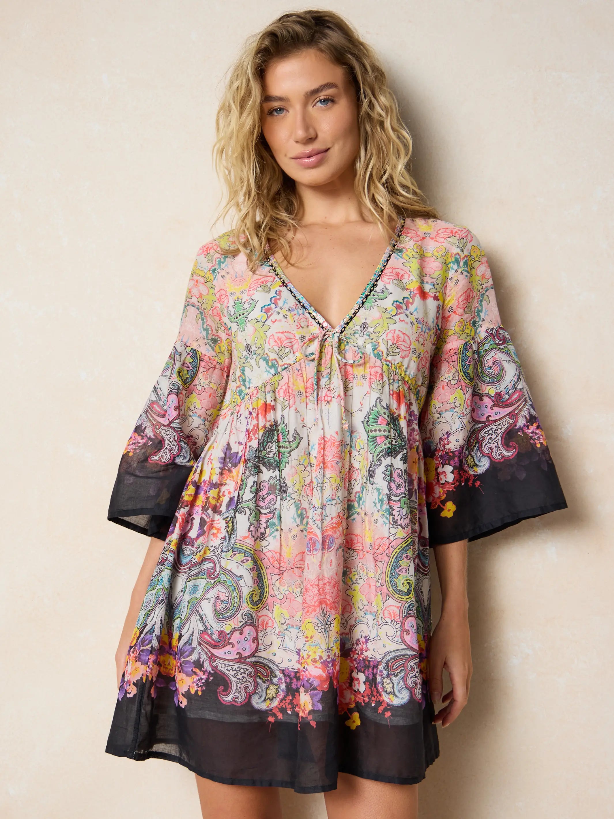 Isabella Mini Dress - Black Multicolored Paisley