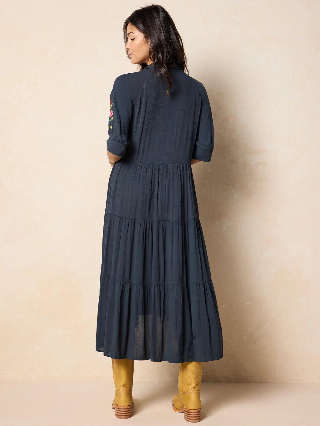 Rebecca Embroidered Midi Dress - Charcoal
